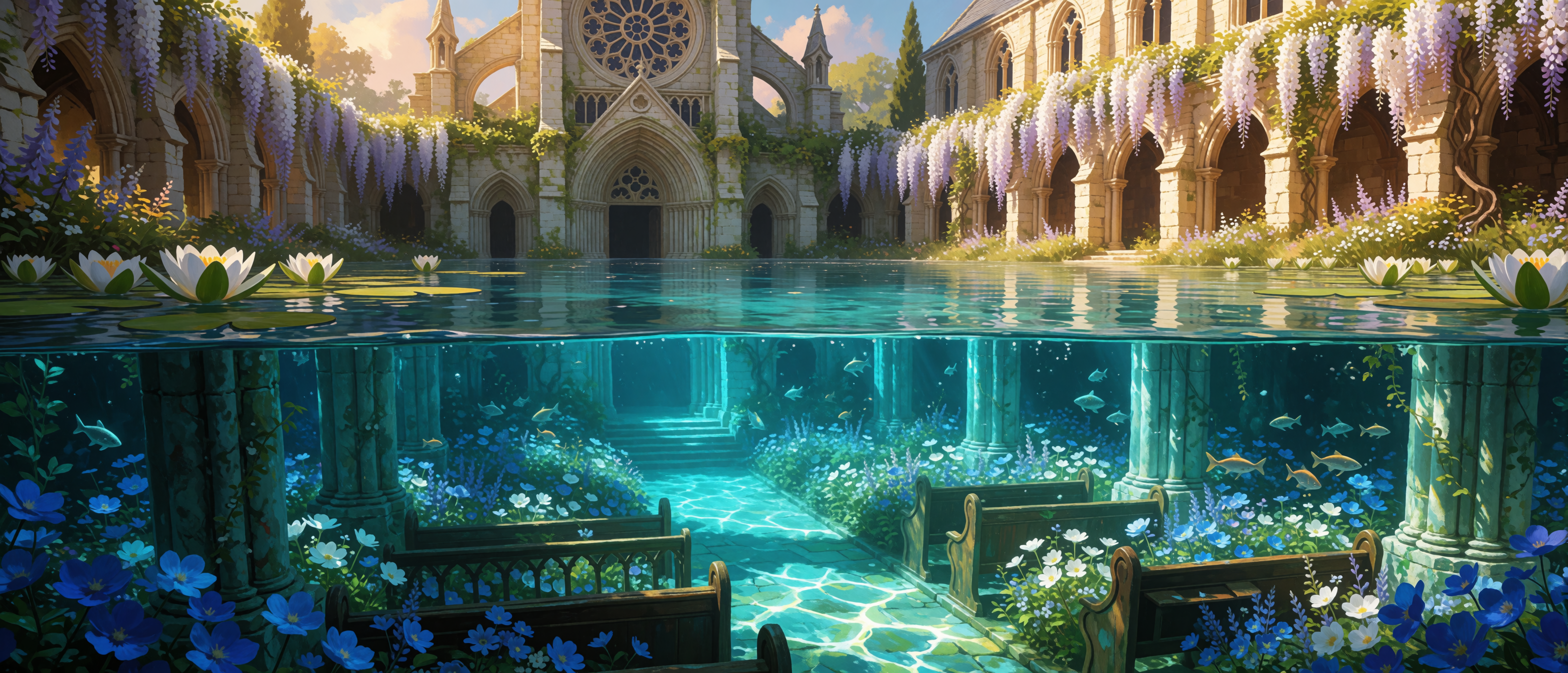 surreal-drowned-cathedral-underwater-garden-ultrawide