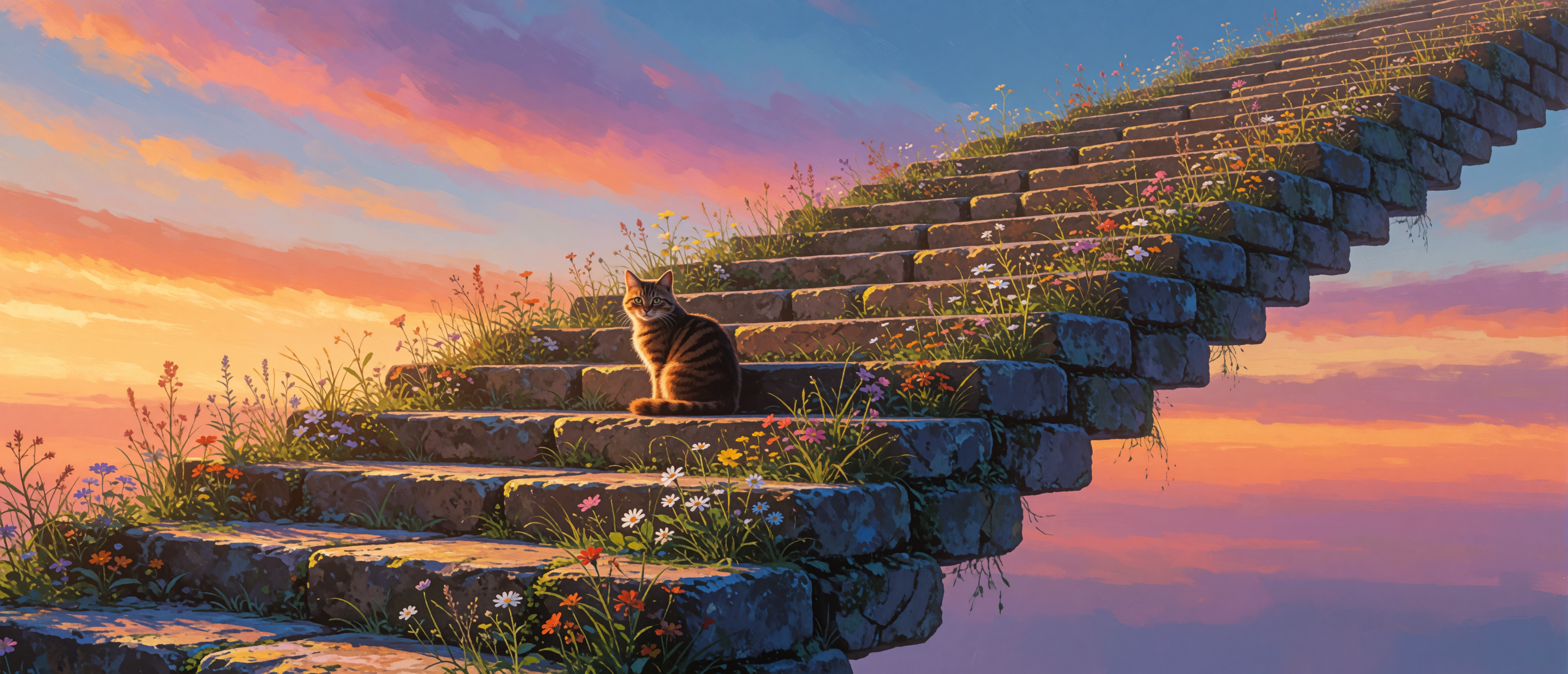 surreal-infinite-staircase-sunset-sky-cat-ultrawide