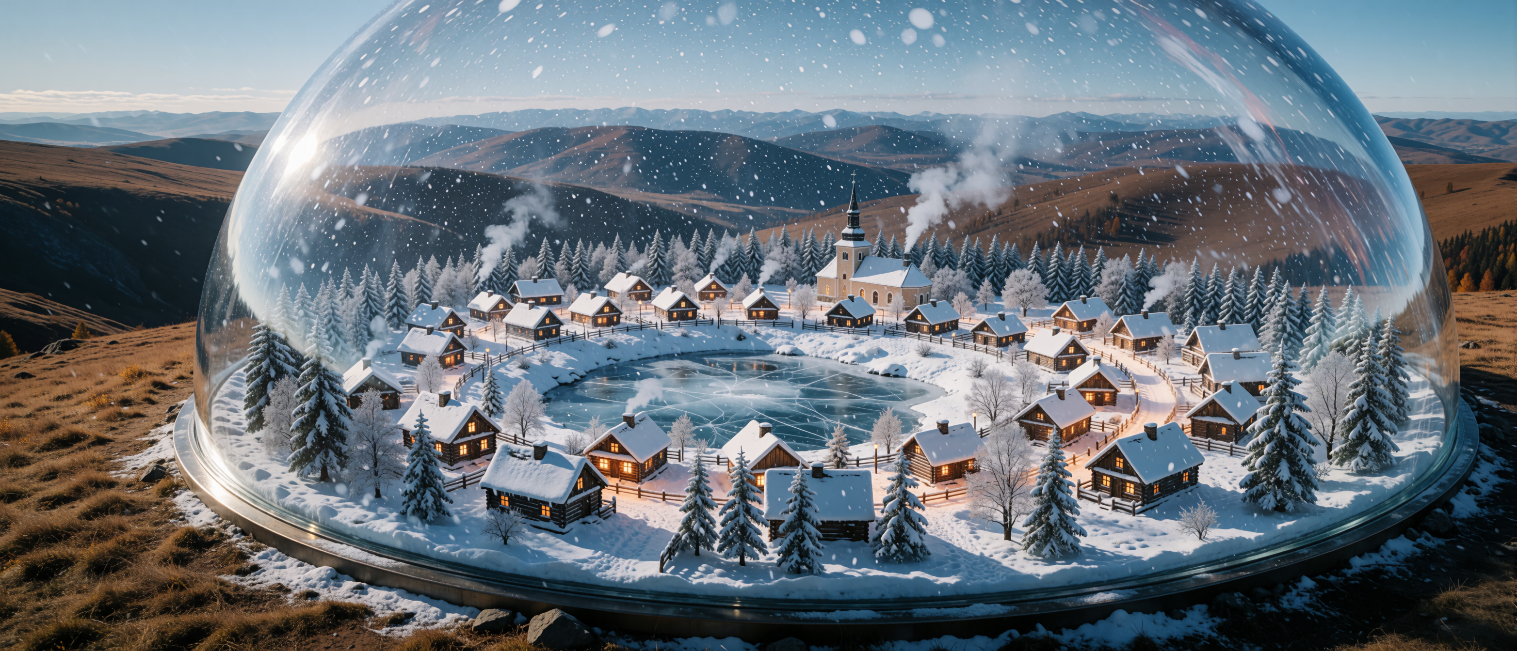 surreal-snow-globe-valley-winter-village-ultrawide