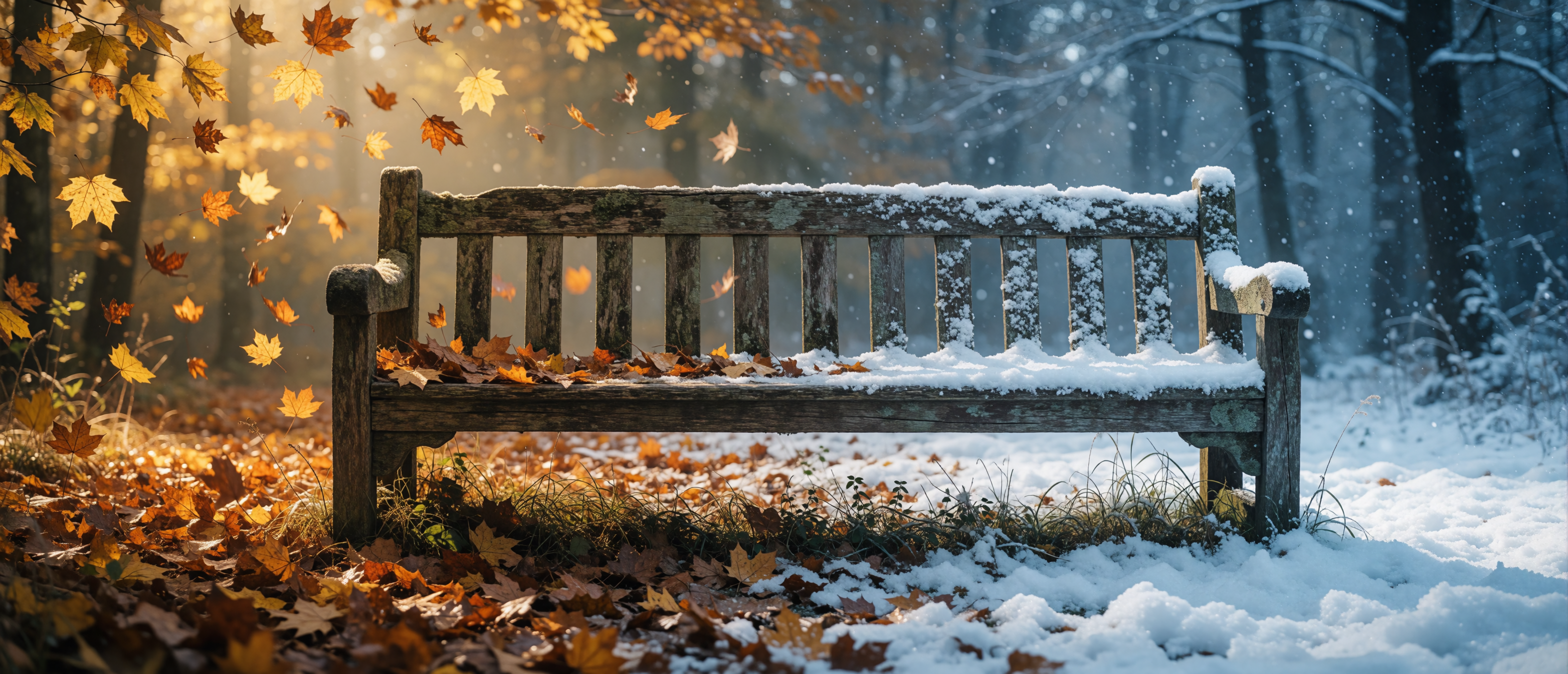 dream-opposites-attract-bench-between-autumn-and-winter-ultrawide