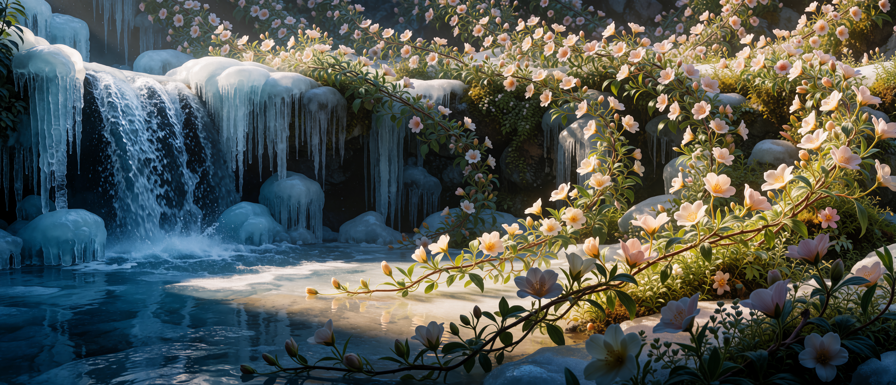 dream-opposites-attract-frozen-waterfall-to-flower-vines-ultrawide