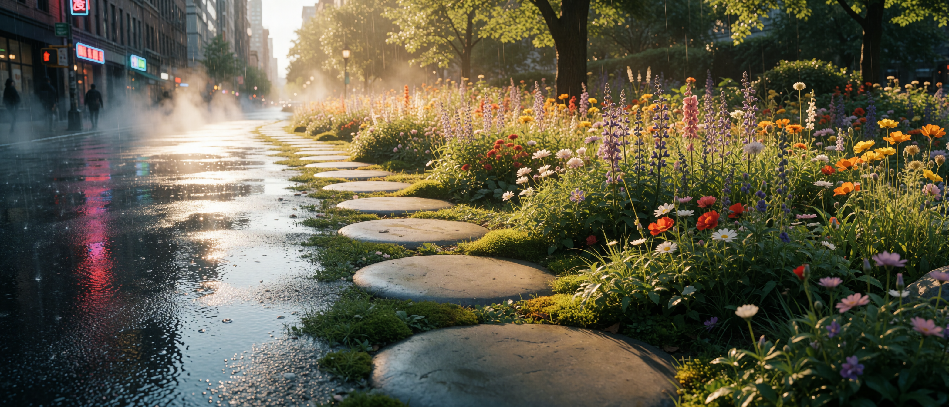 dream-opposites-attract-rainy-city-street-to-garden-path-ultrawide