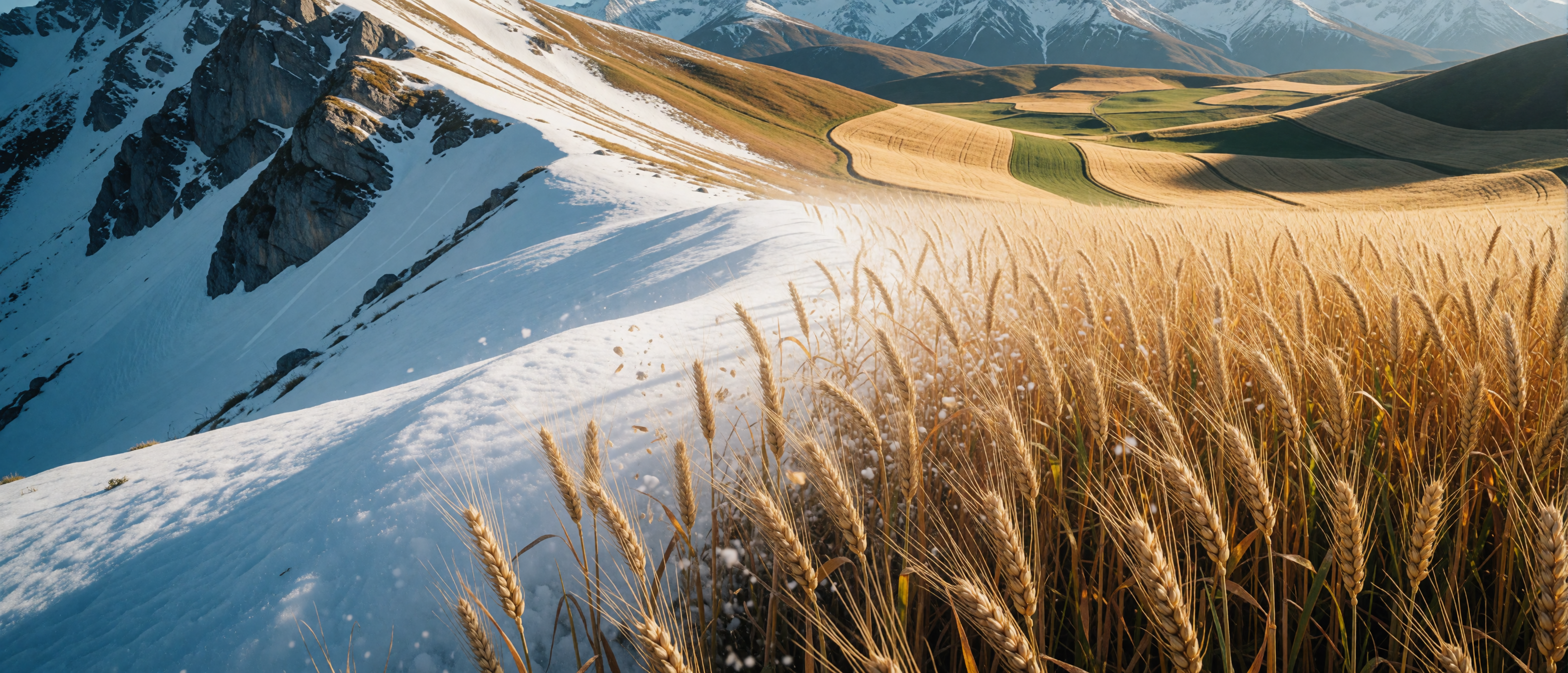 dream-opposites-attract-snowy-mountain-to-wheat-field-ultrawide