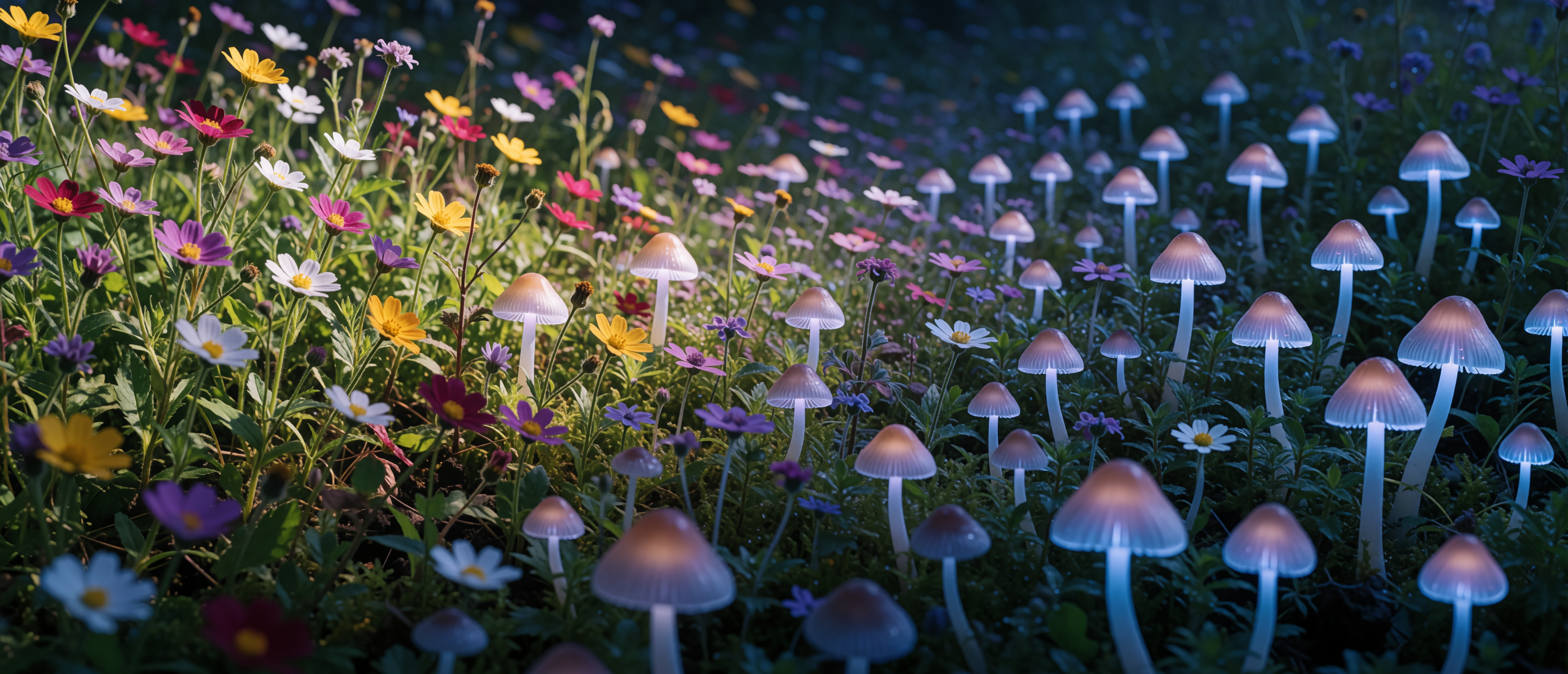 dream-opposites-attract-wildflowers-to-bioluminescent-mushrooms-ultrawide