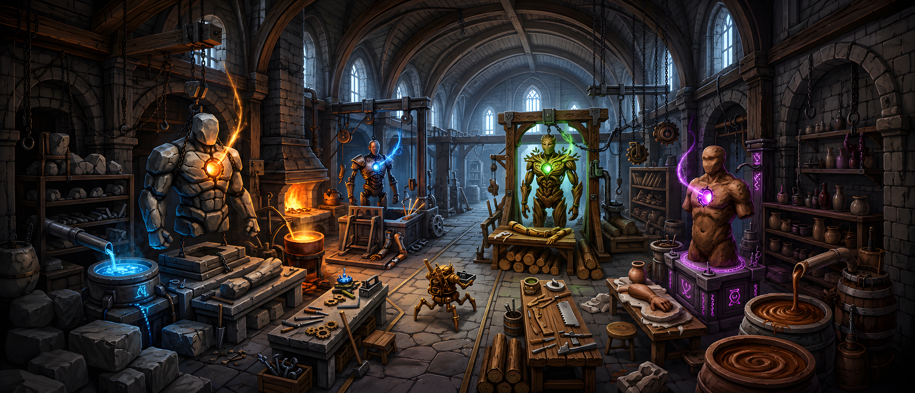 fantasy-mystic-workshops-golem-foundry-stone-metal-wood-clay-ultrawide