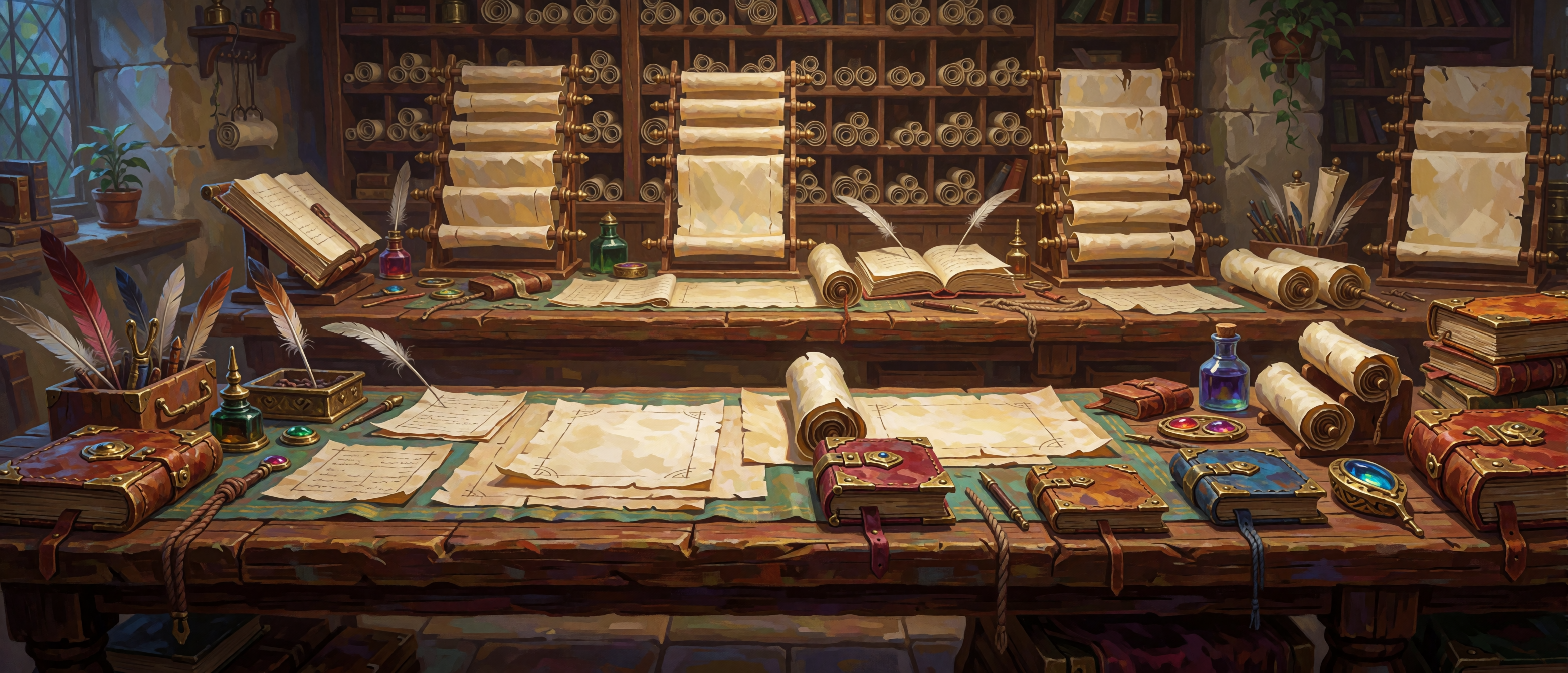fantasy-mystic-workshops-magical-bookbinder-scrollmaker-parchment-quills-ultrawide