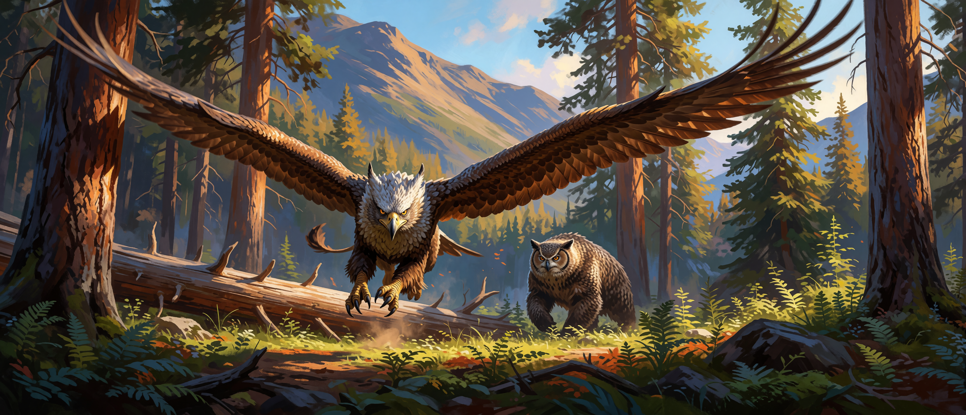 fantasy-flights-gryphon-flying-over-owlbear-forest-clearing-ultrawide
