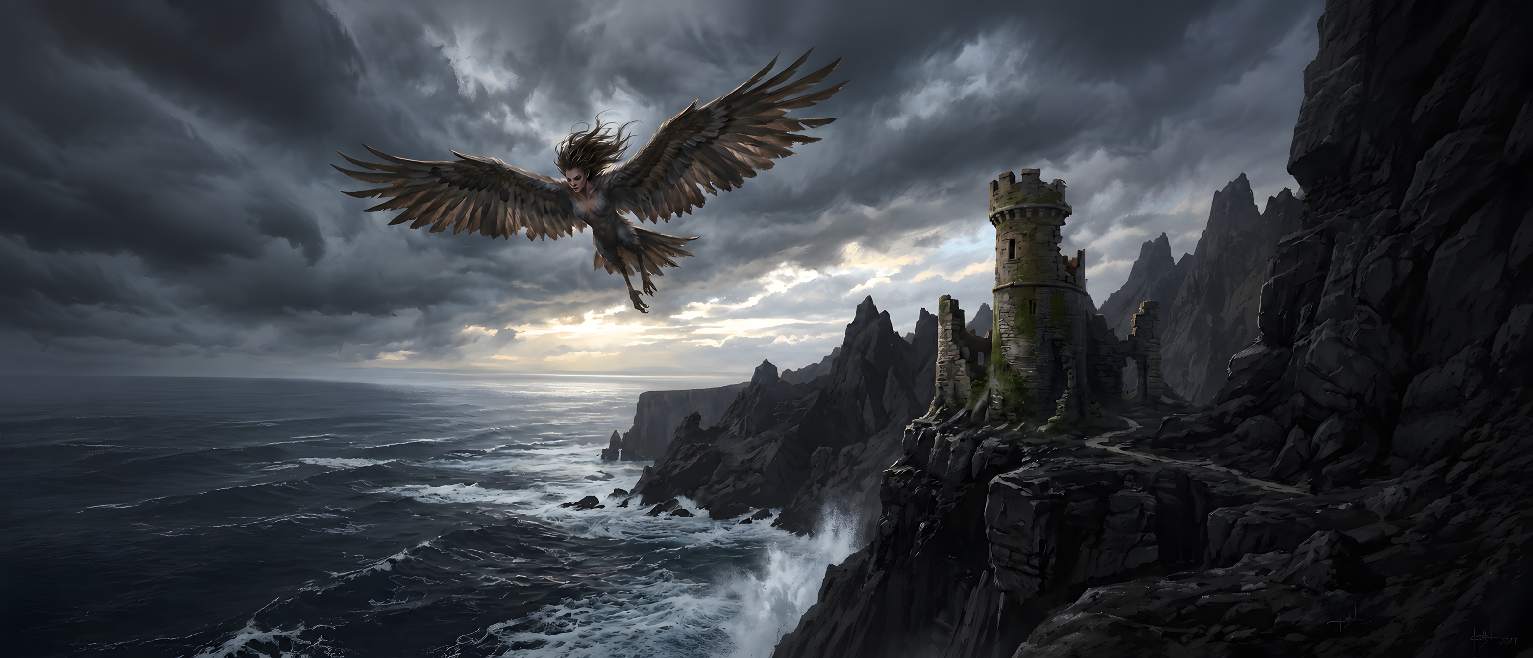 fantasy-flights-harpy-storm-sea-cliffs-ruined-watchtower-ultrawide