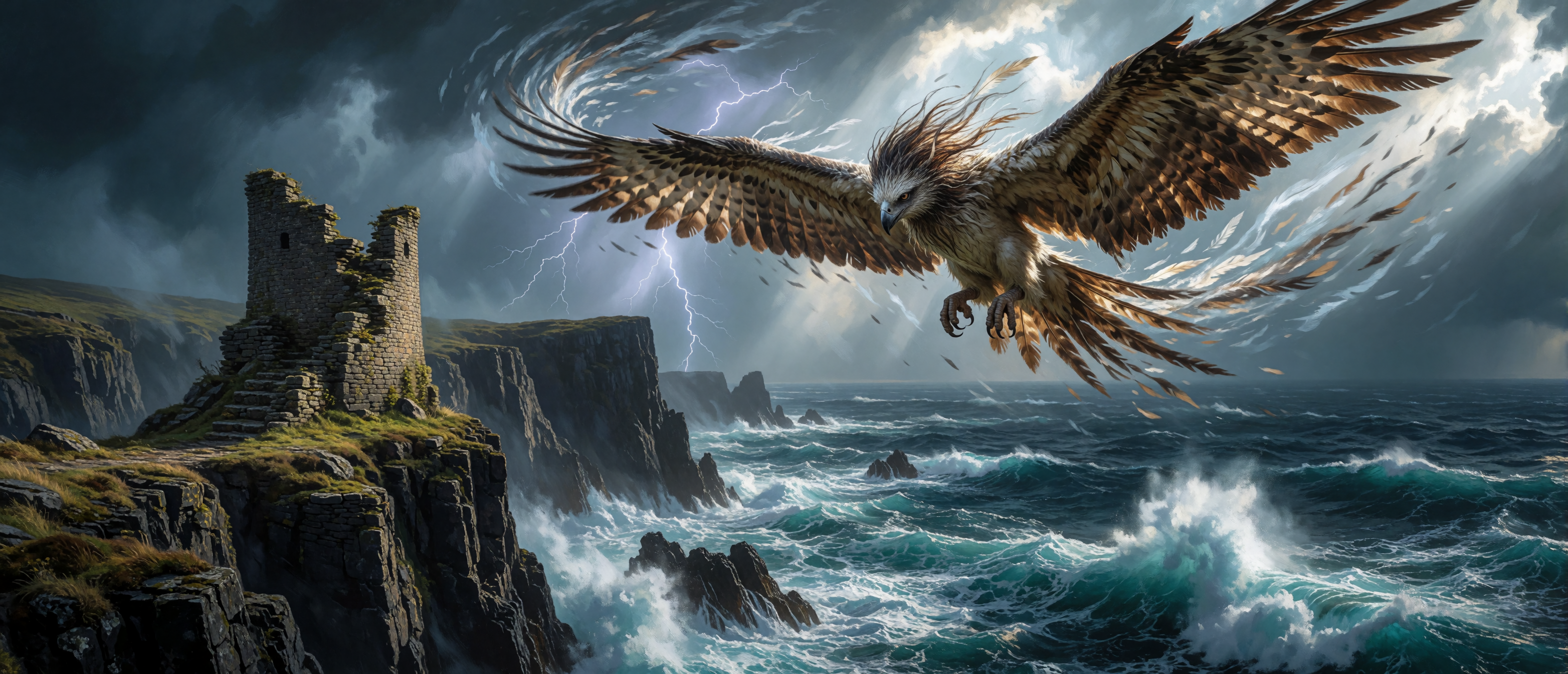 fantasy-flights-hawk-storm-sea-cliffs-ruined-watchtower-ultrawide