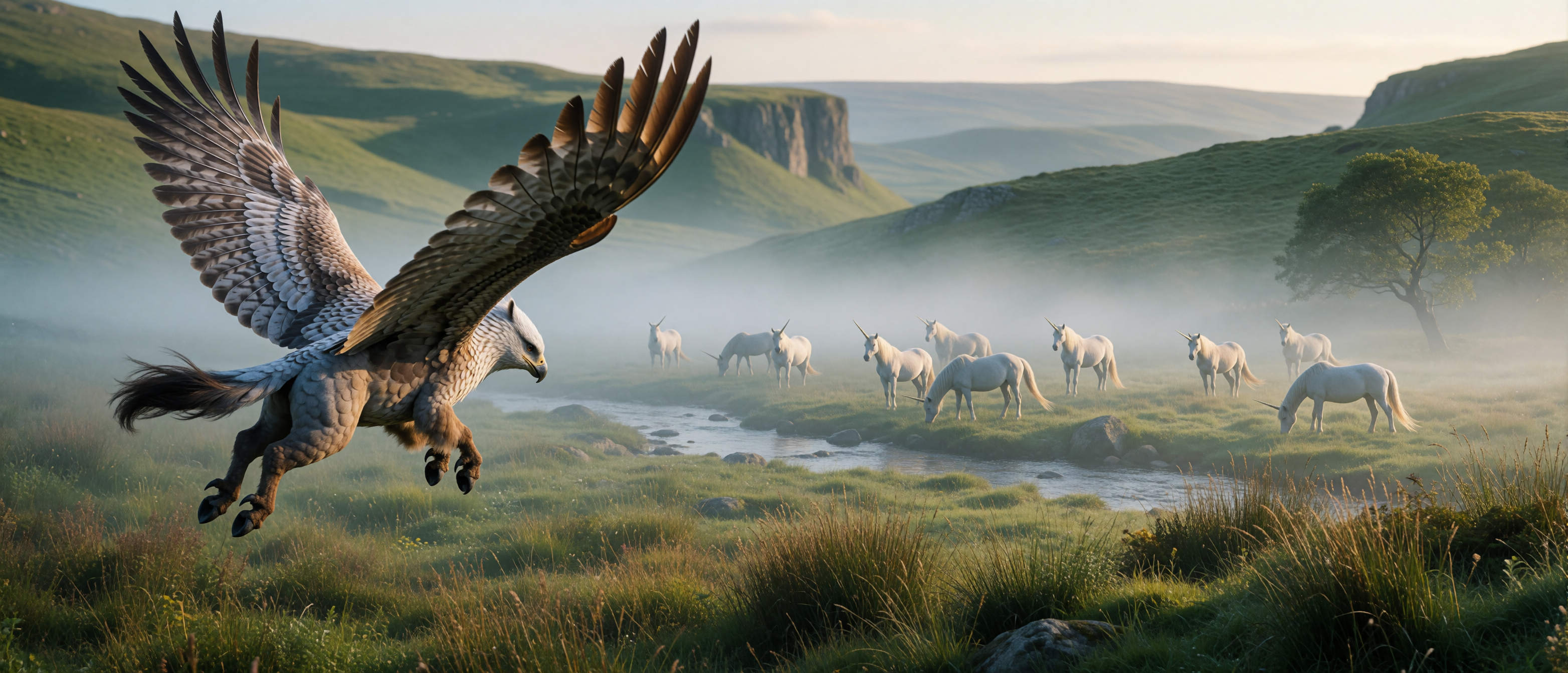 fantasy-flights-hippogriff-over-unicorn-herd-misty-highlands-ultrawide
