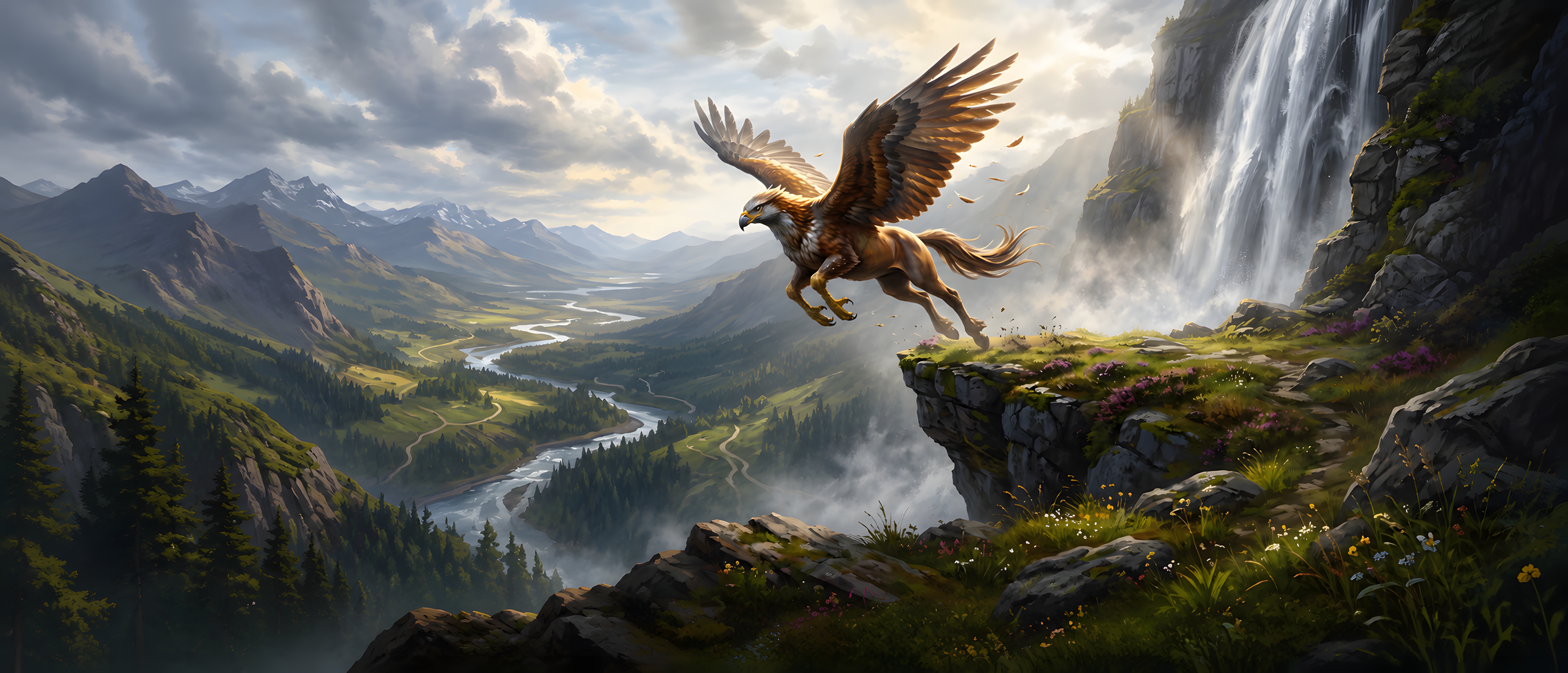 fantasy-flights-hippogriff-waterfall-cliff-grassland-flight-ultrawide