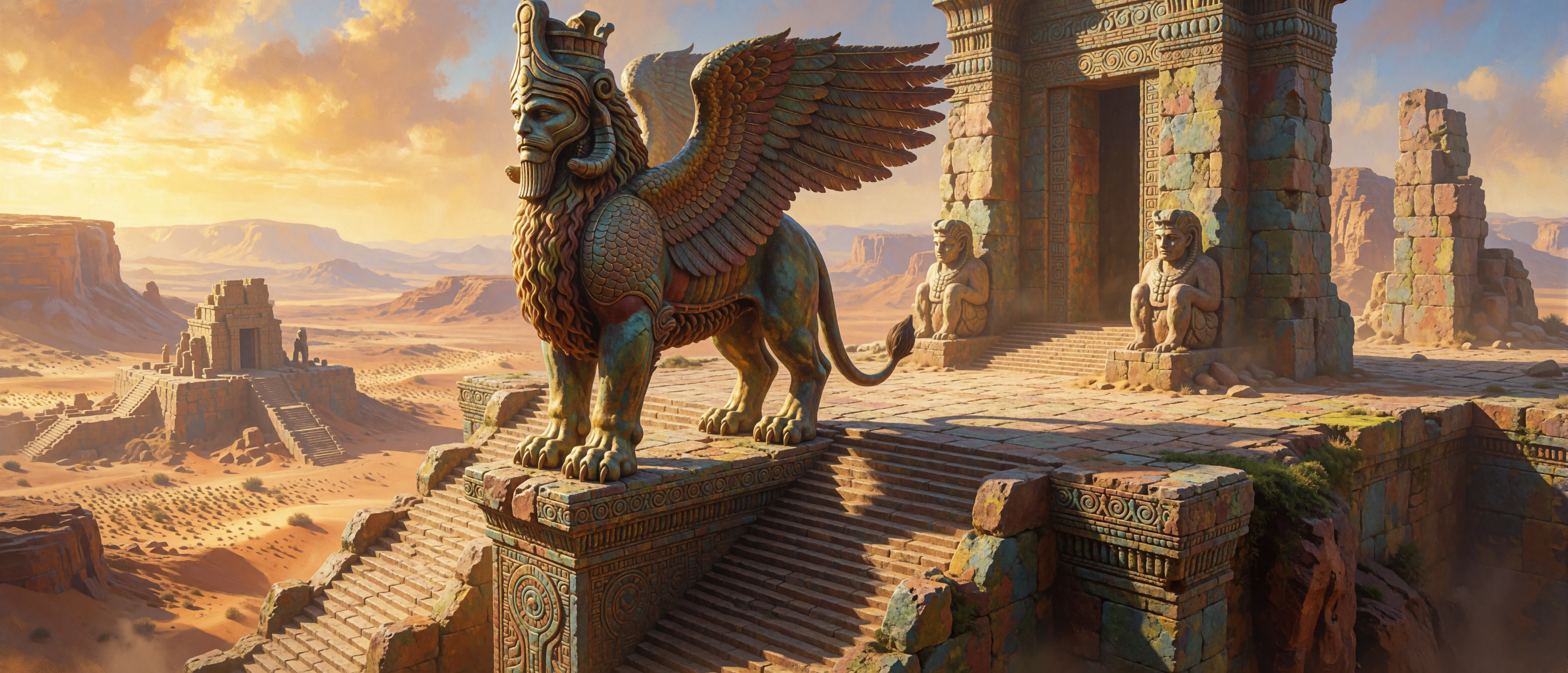 fantasy-flights-lammasu-ruined-gate-desert-valley-sunrise-ultrawide