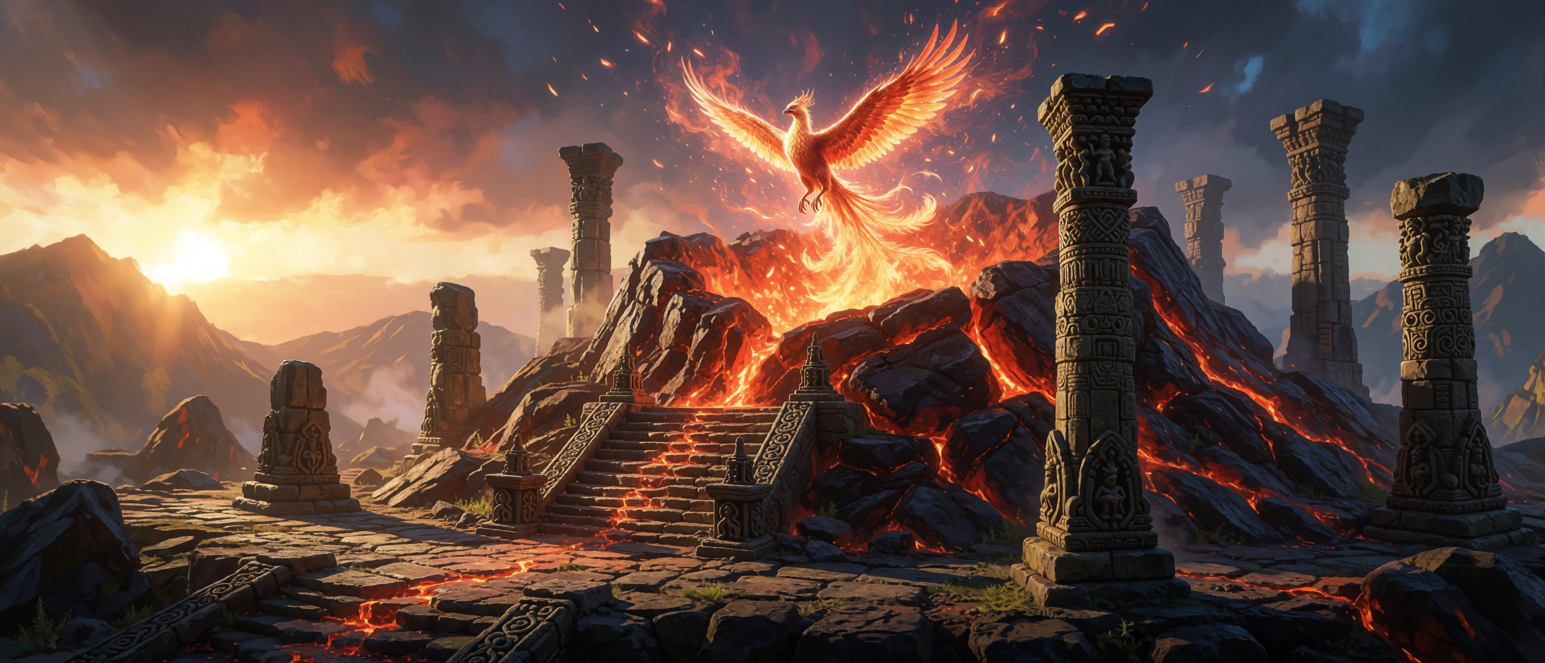 fantasy-flights-phoenix-volcanic-temple-sunrise-embers-ultrawide