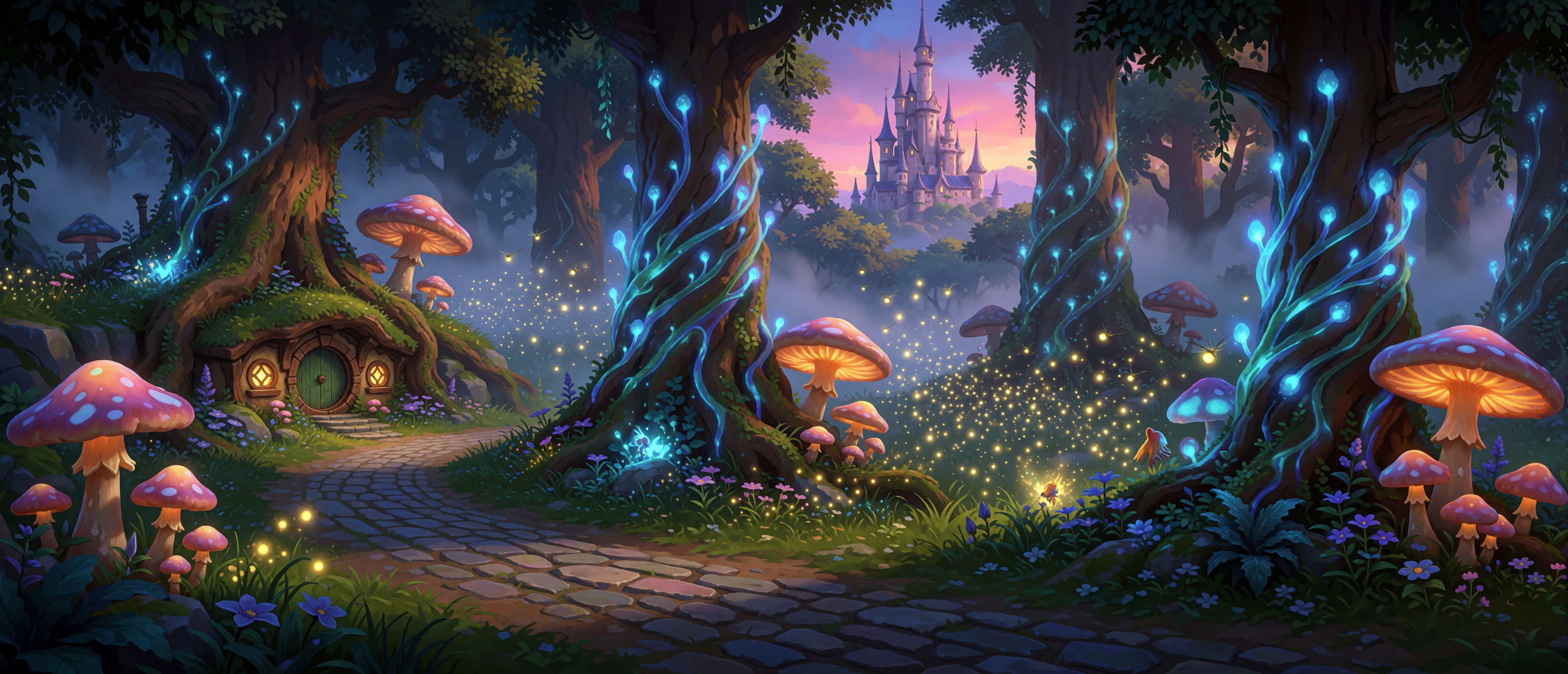 enchanted-forest-mushroom-hobbit-door-bioluminescent-vines-castle-dusk-ultrawide