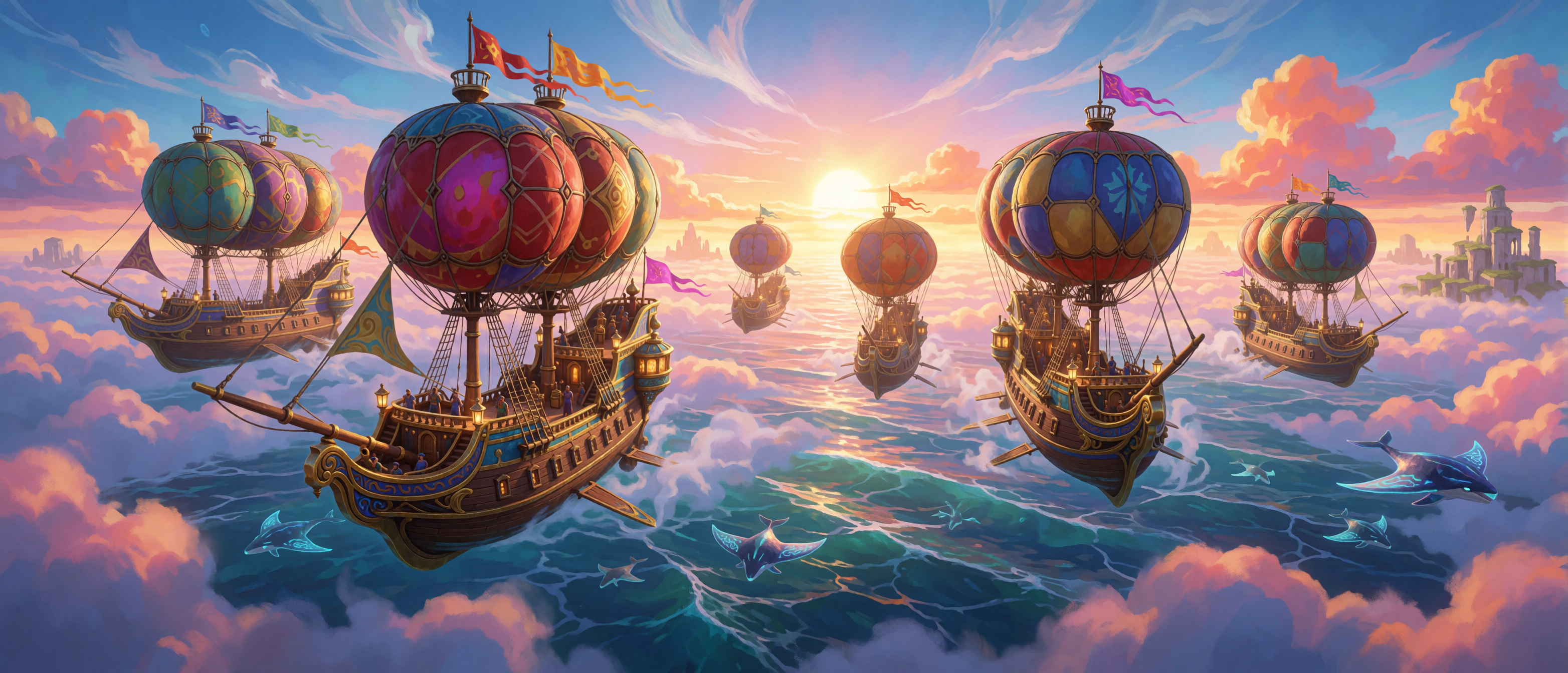 fantasy-airship-fleet-cloud-ocean-sunset-glowing-dolphins-ultrawide