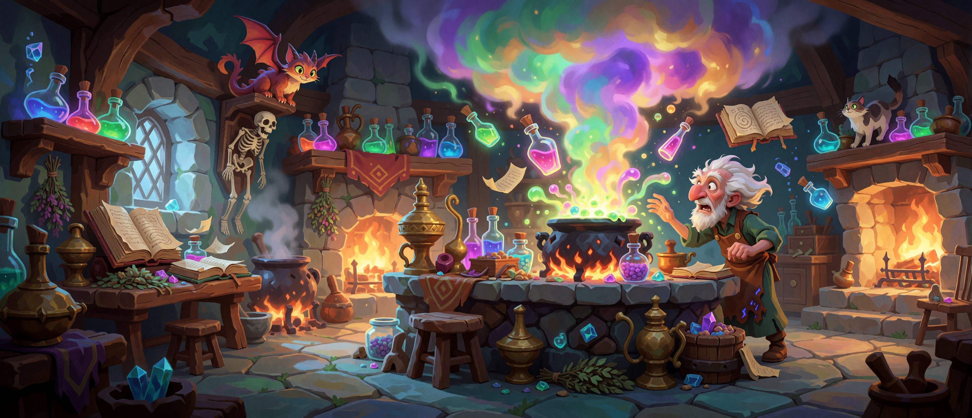 fantasy-alchemist-chaotic-workshop-rainbow-cauldron-smoke-skeleton-cat-ultrawide