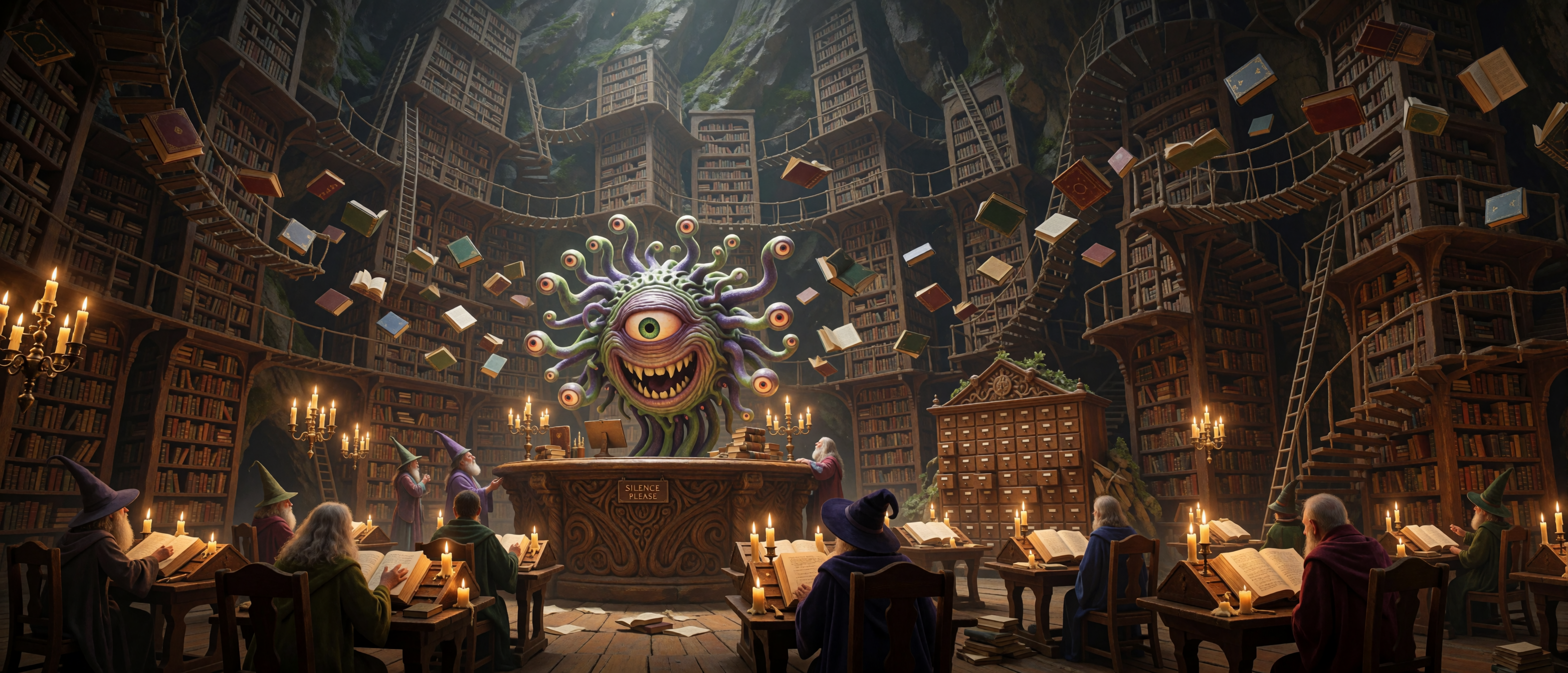 fantasy-beholder-librarian-cavern-library-floating-books-wizards-candles-ultrawide