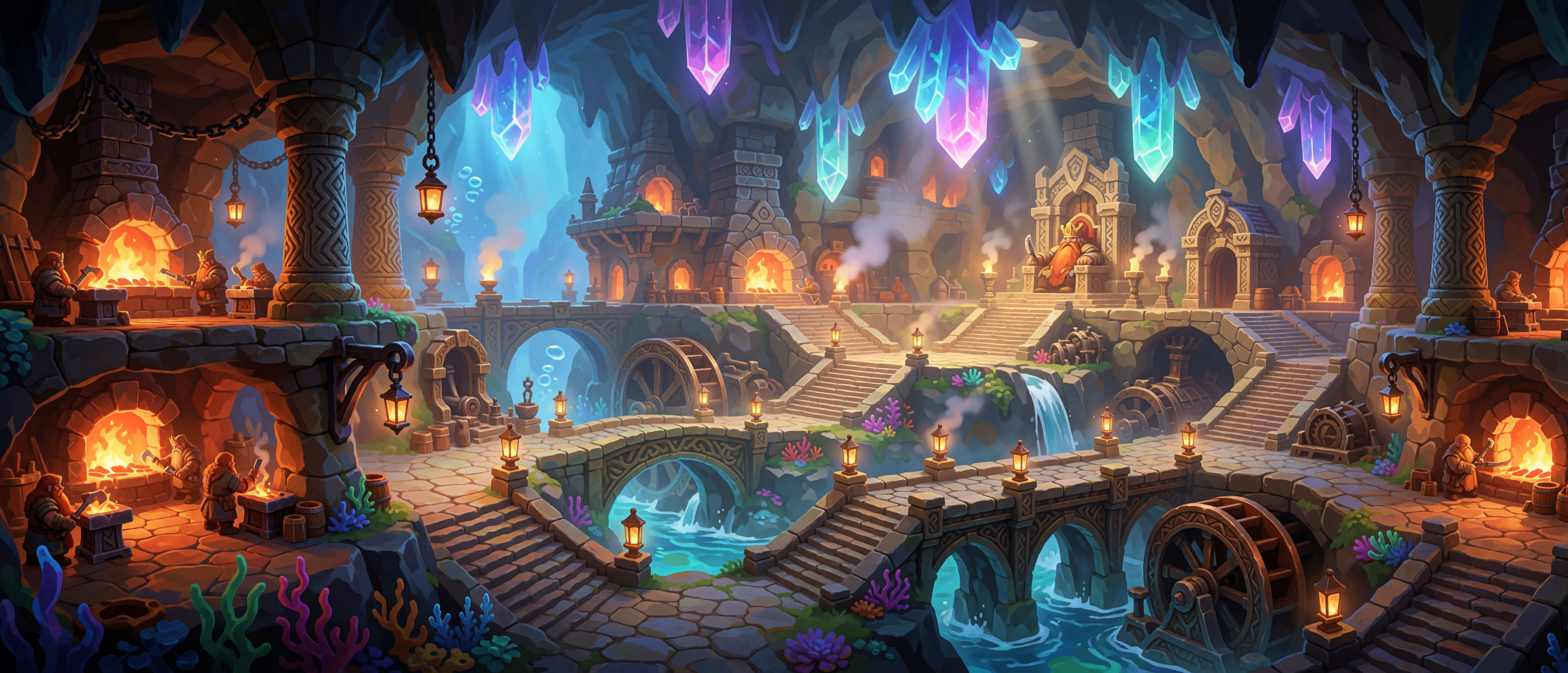 fantasy-dwarf-underground-city-crystal-cavern-forge-waterwheel-ultrawide