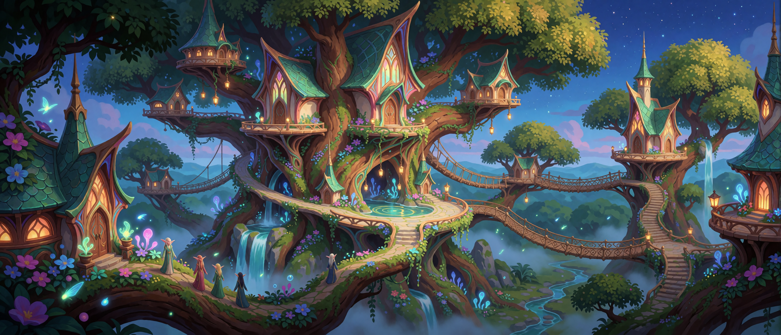 fantasy-elven-treehouse-village-rope-bridges-bioluminescent-waterfall-night-ultrawide