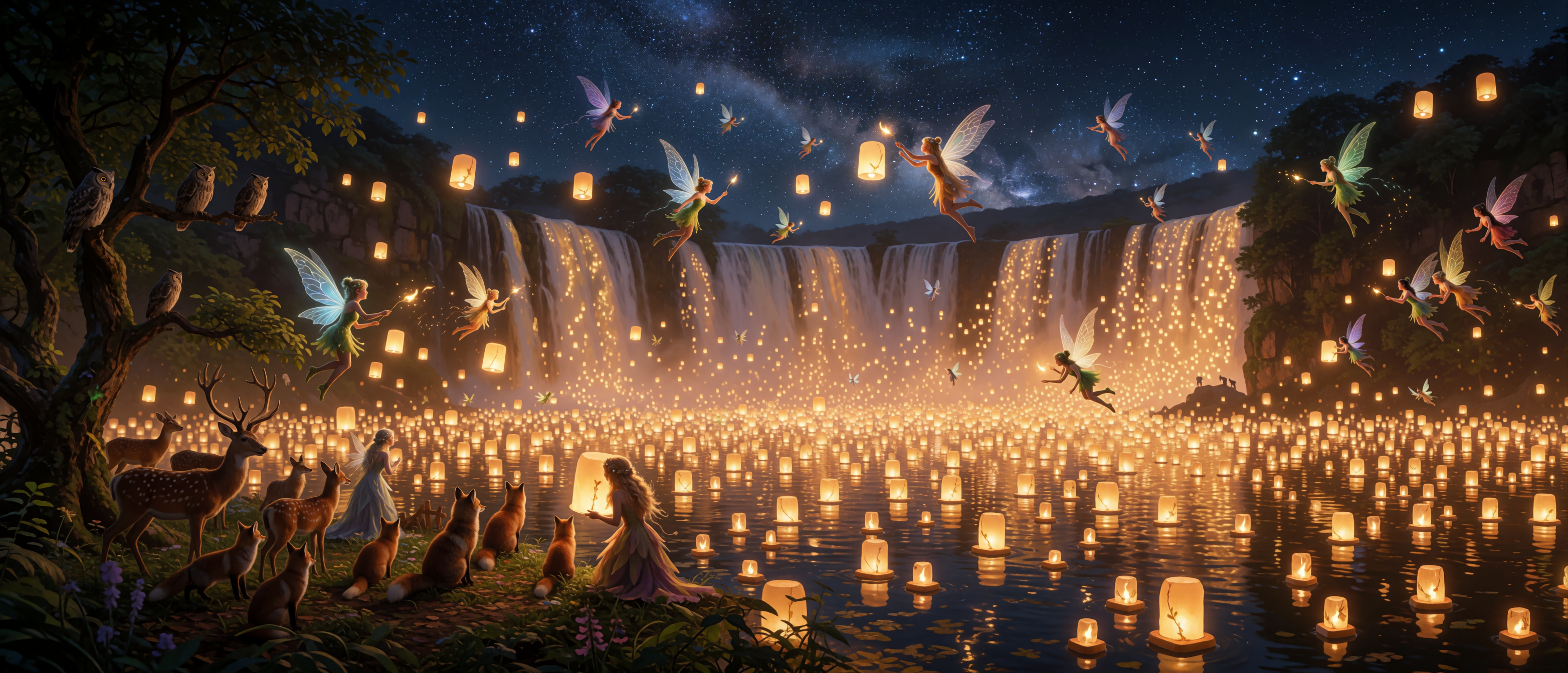 fantasy-fairy-lantern-festival-waterfall-deer-fox-milky-way-ultrawide