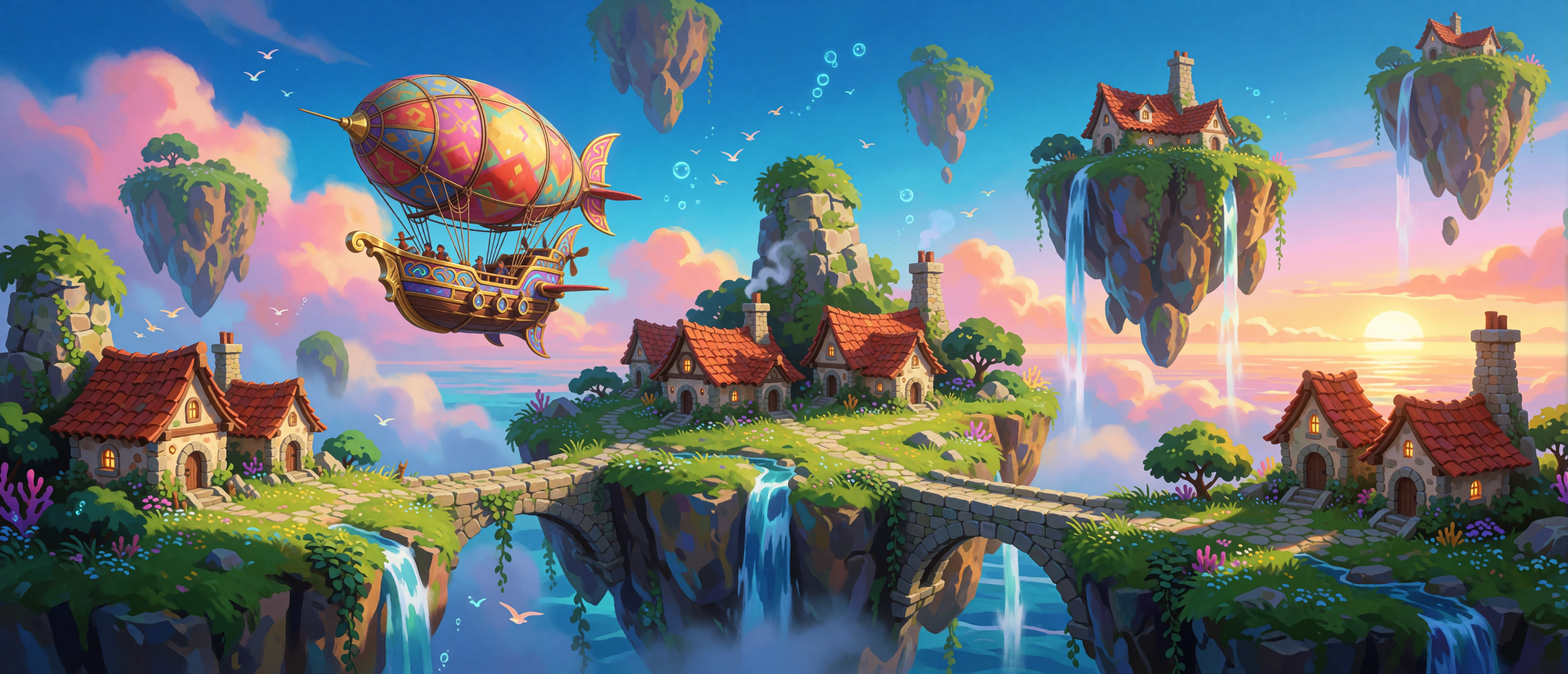 fantasy-floating-islands-village-airship-waterfalls-sunset-ultrawide