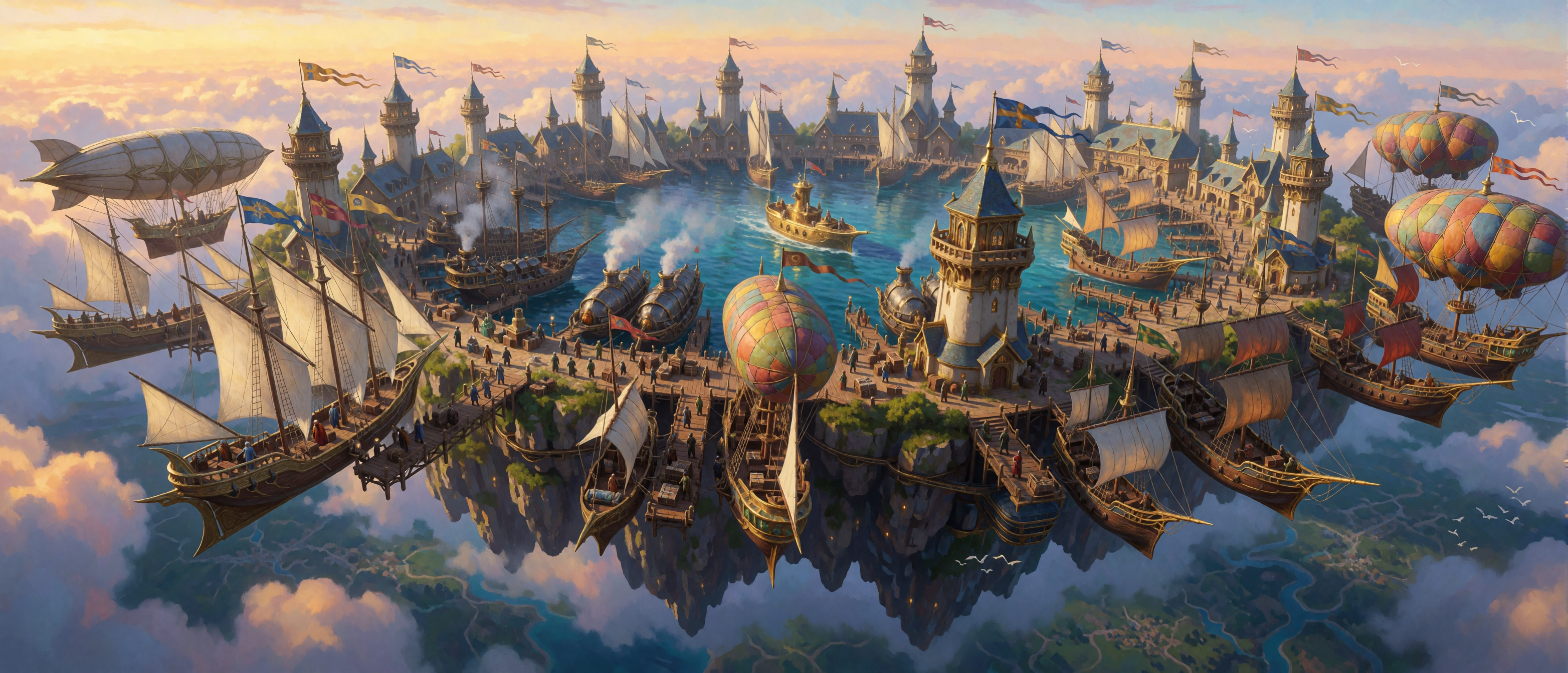 fantasy-floating-sky-city-harbor-galleons-airships-hot-air-balloons-clouds-ultrawide
