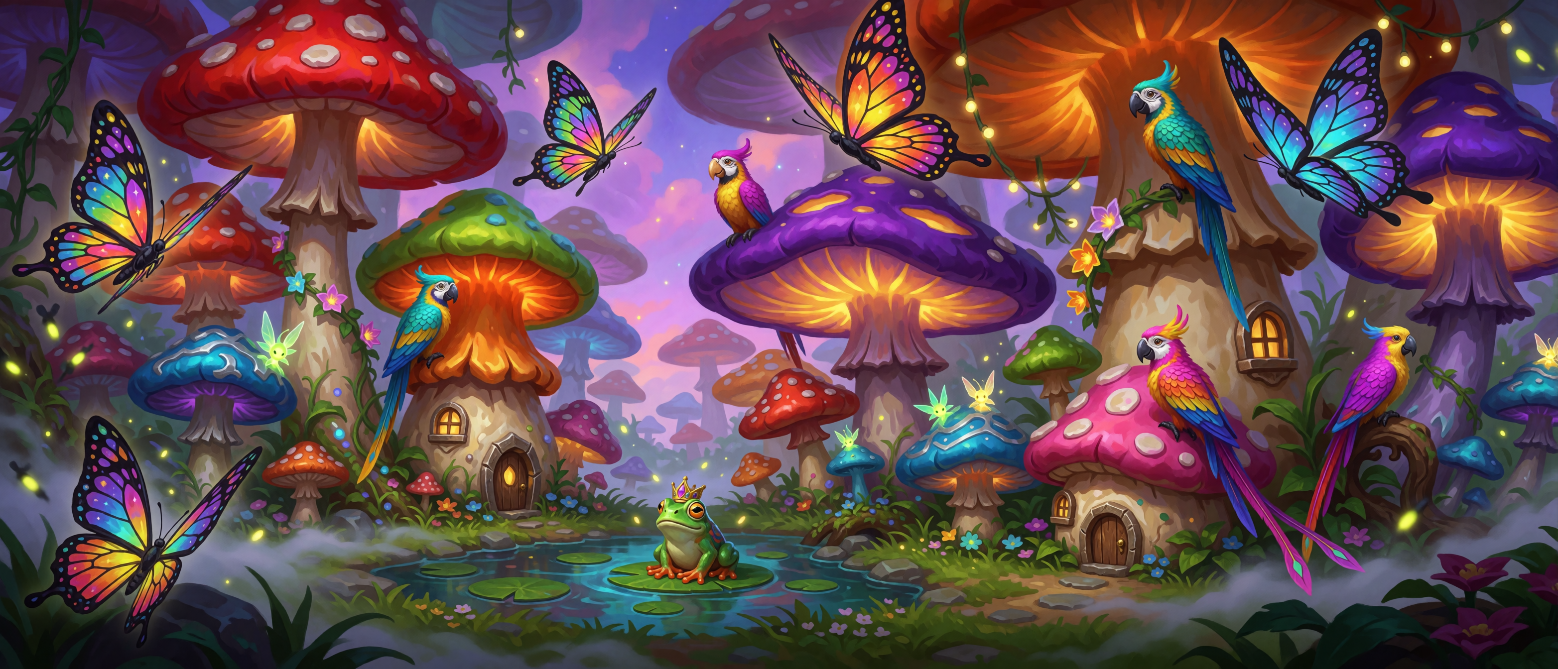 fantasy-giant-mushroom-village-crowned-frog-parrots-butterflies-ultrawide
