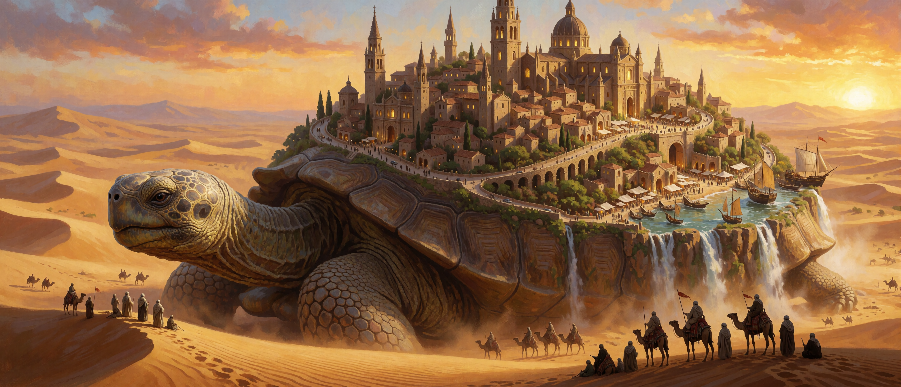 fantasy-giant-tortoise-city-desert-dunes-camel-caravan-waterfall-ultrawide