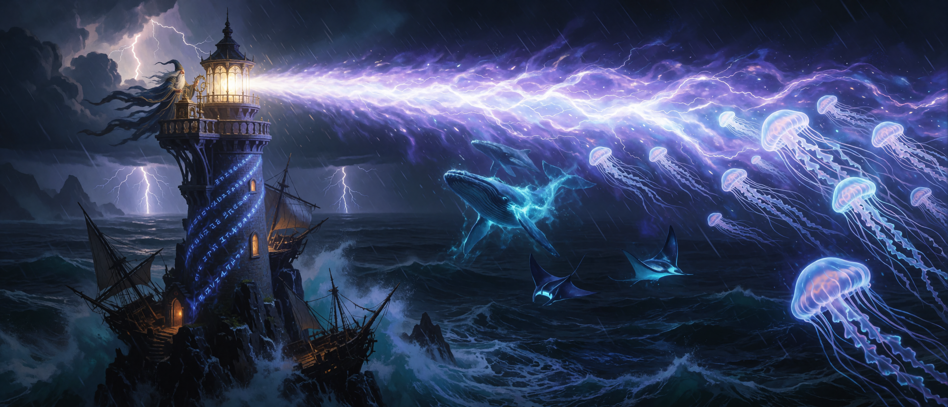 fantasy-magical-lighthouse-storm-glowing-whale-jellyfish-lightning-beam-ultrawide