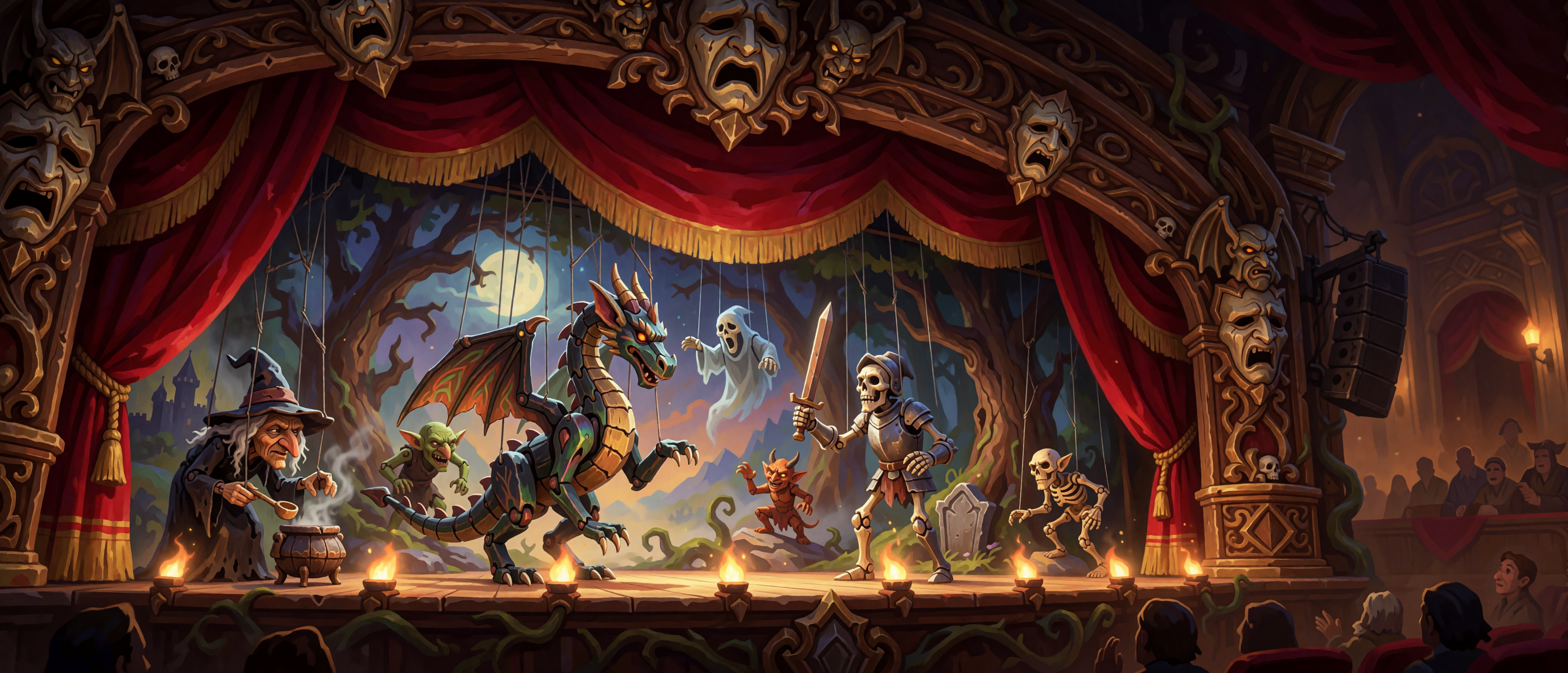 fantasy-marionette-theatre-dragon-witch-skeleton-ghost-puppet-show-ultrawide