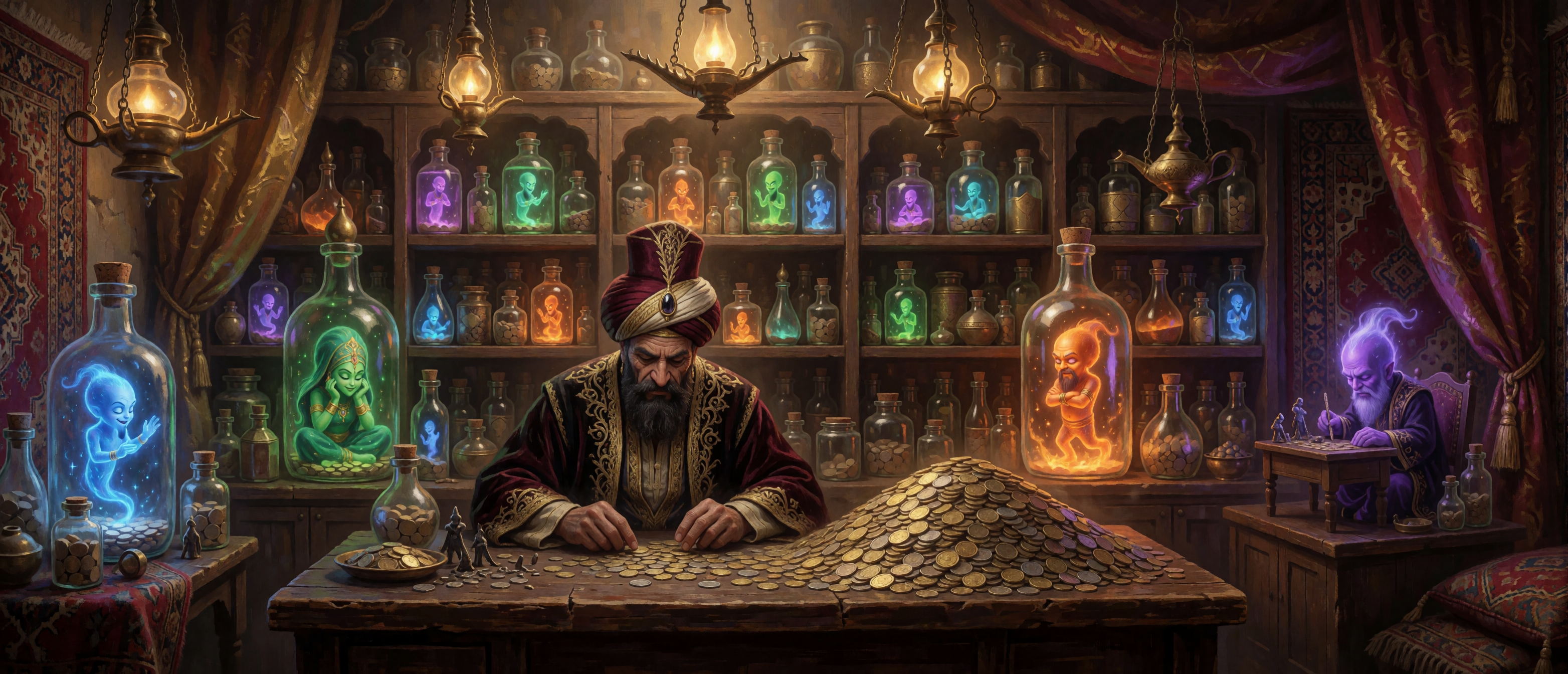 fantasy-merchant-bottled-genies-glowing-jars-gold-coins-bazaar-ultrawide