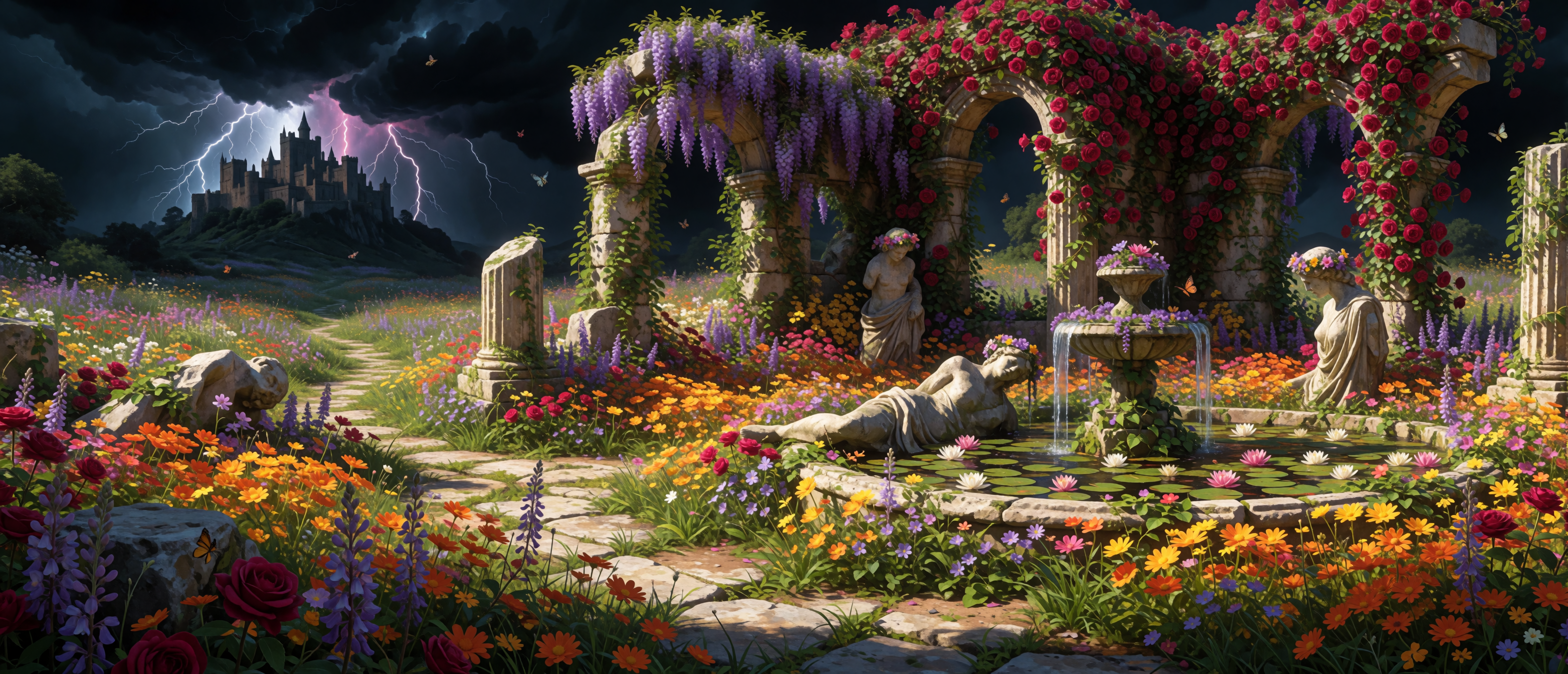 fantasy-overgrown-roman-garden-statues-wisteria-roses-lightning-storm-ultrawide