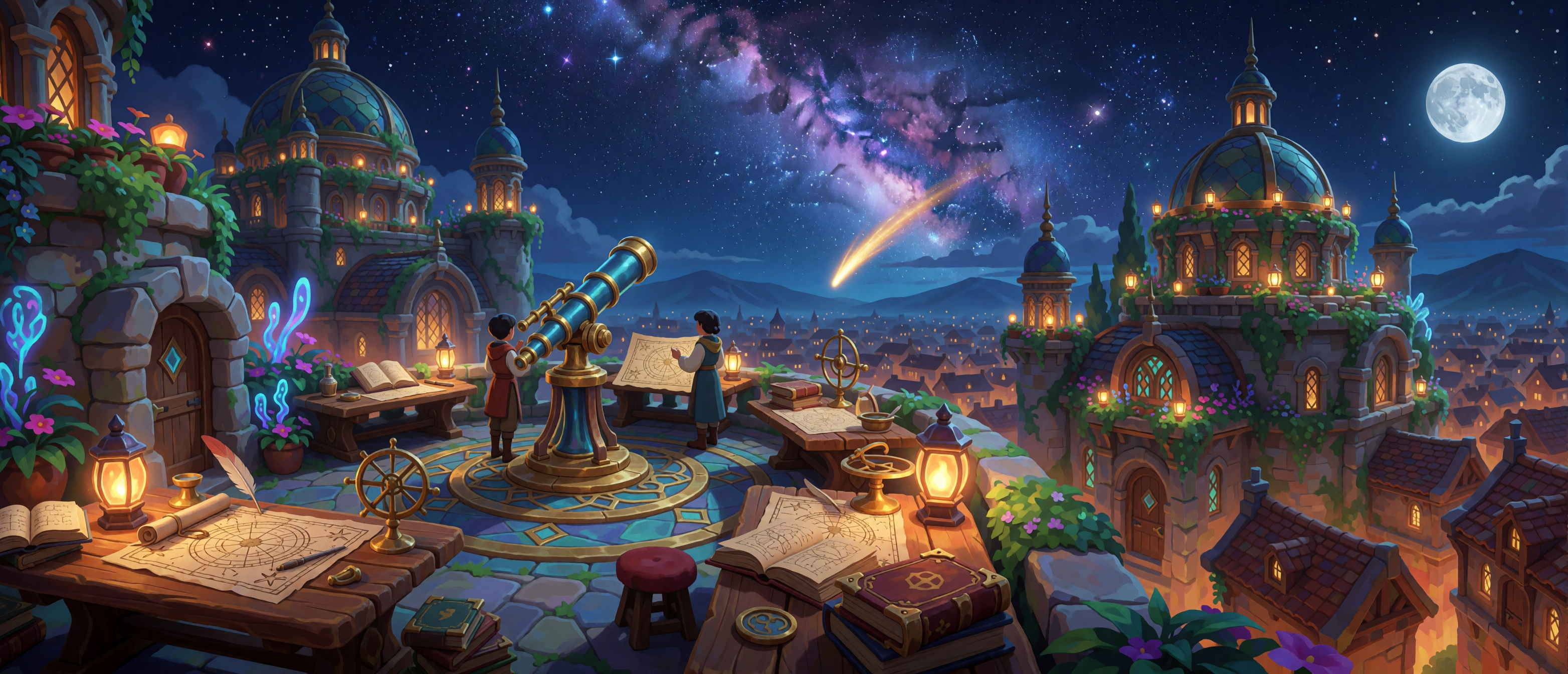 fantasy-rooftop-observatory-telescope-milky-way-shooting-star-medieval-city-ultrawide