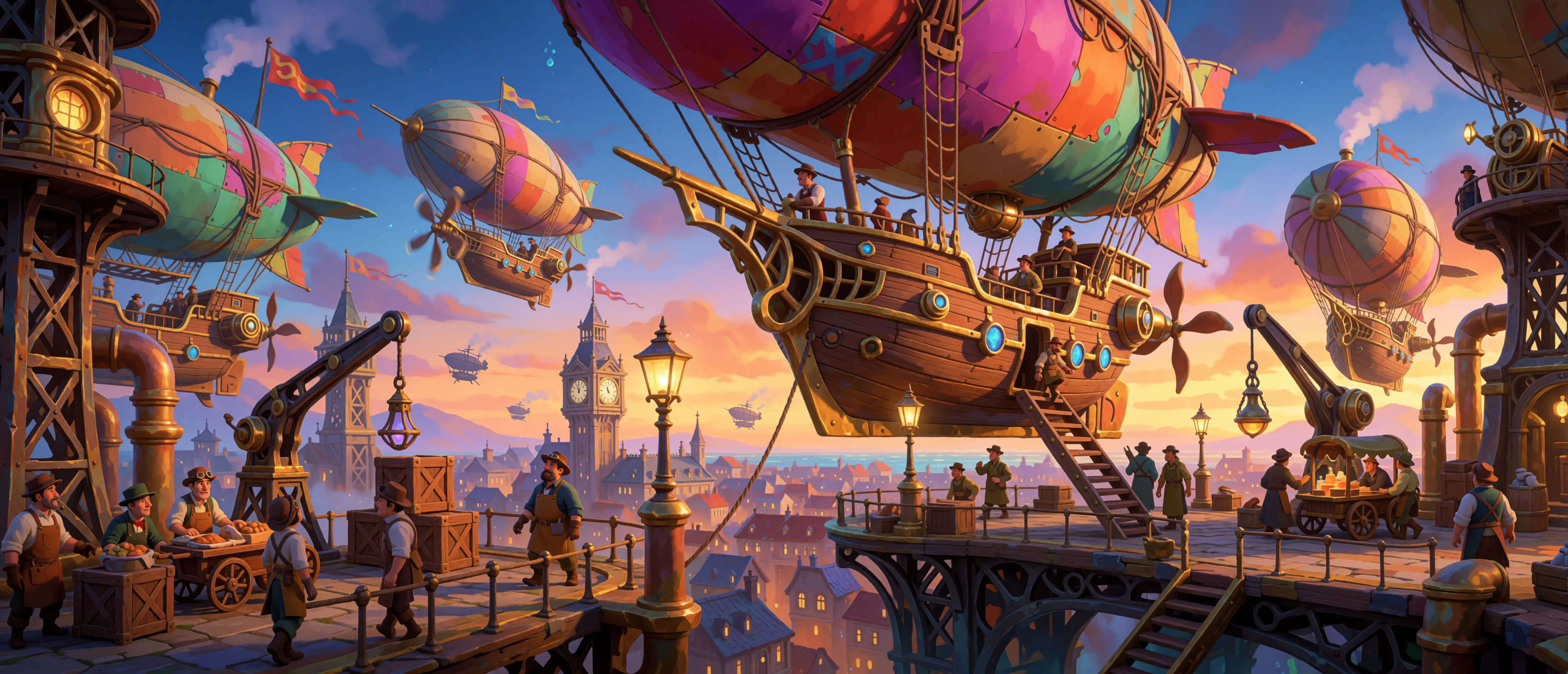 fantasy-steampunk-airship-dock-city-sunset-colorful-balloons-ultrawide