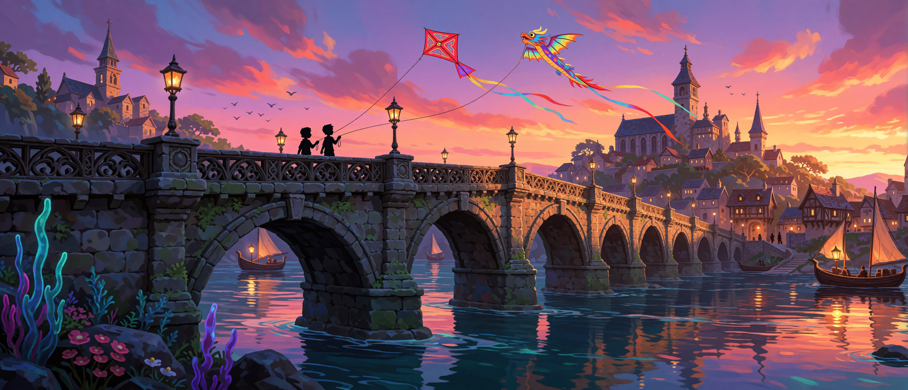 fantasy-stone-bridge-dragon-kite-sunset-medieval-town-river-ultrawide