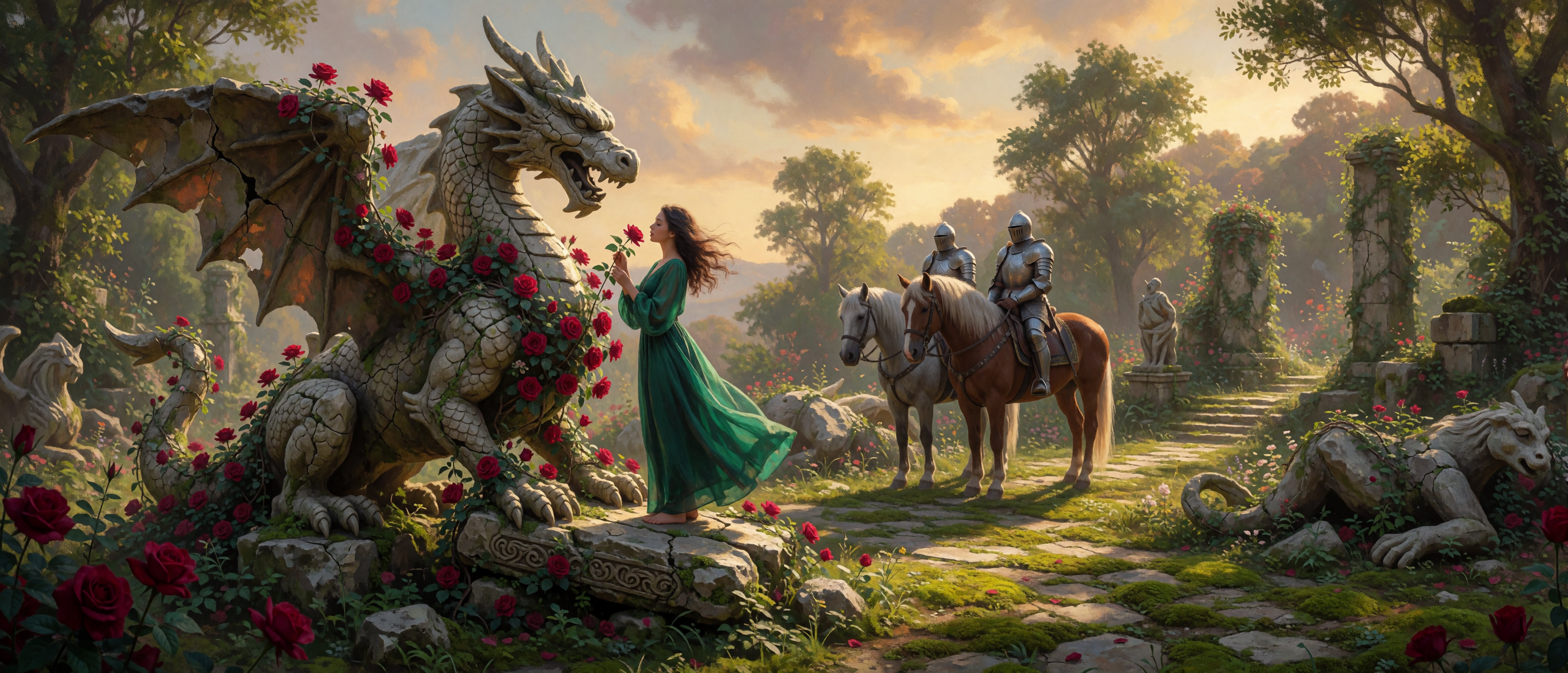 fantasy-stone-dragon-rose-garden-woman-green-dress-knights-golden-hour-ultrawide
