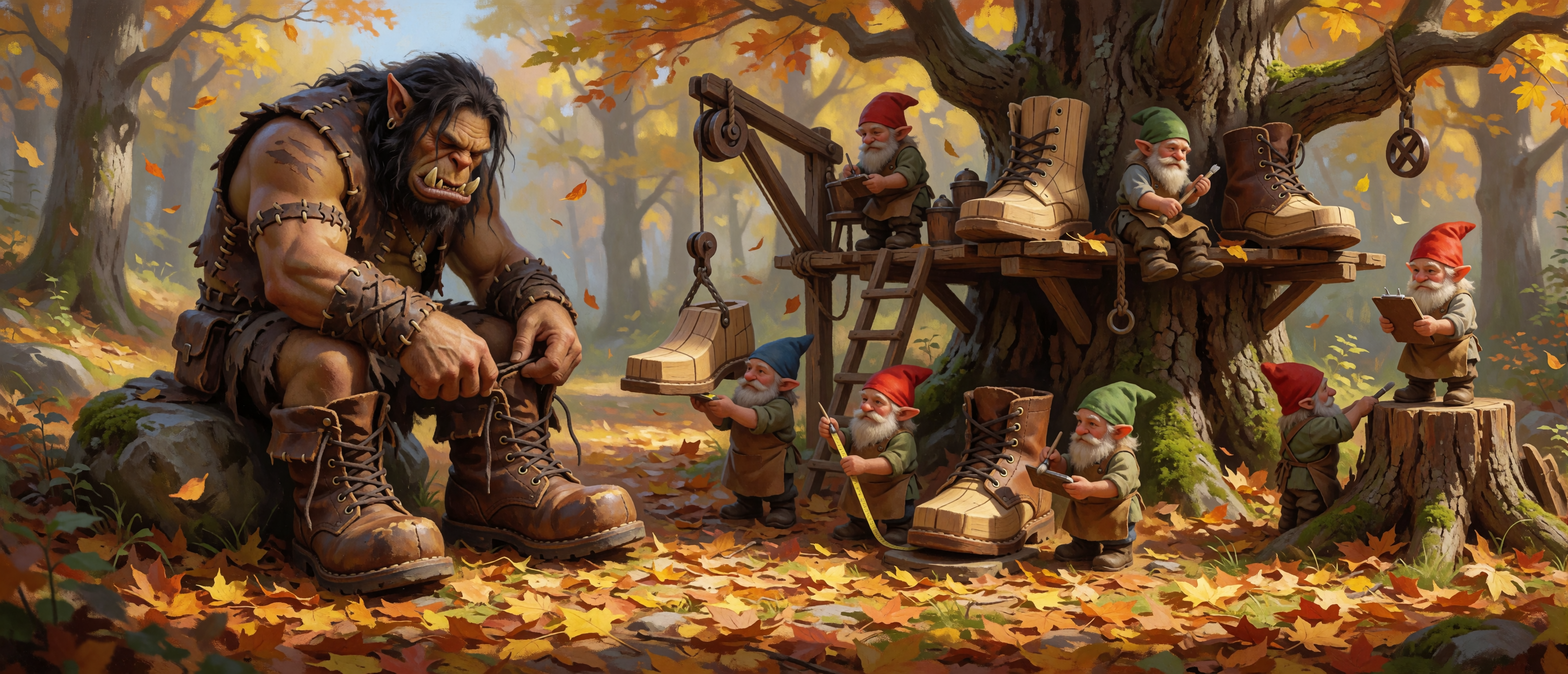 fantasy-troll-gnome-cobblers-giant-boots-autumn-forest-ultrawide