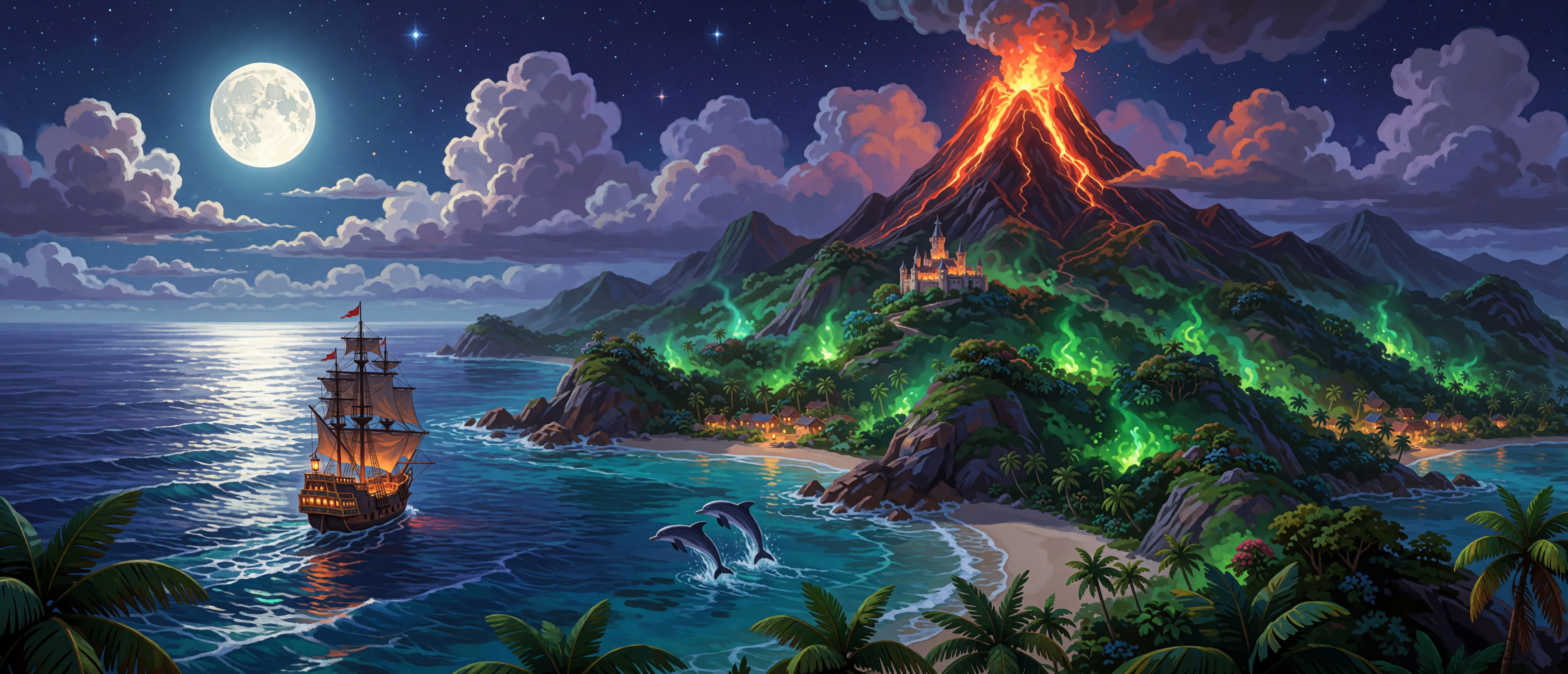 fantasy-tropical-island-volcano-castle-galleon-dolphins-full-moon-ultrawide