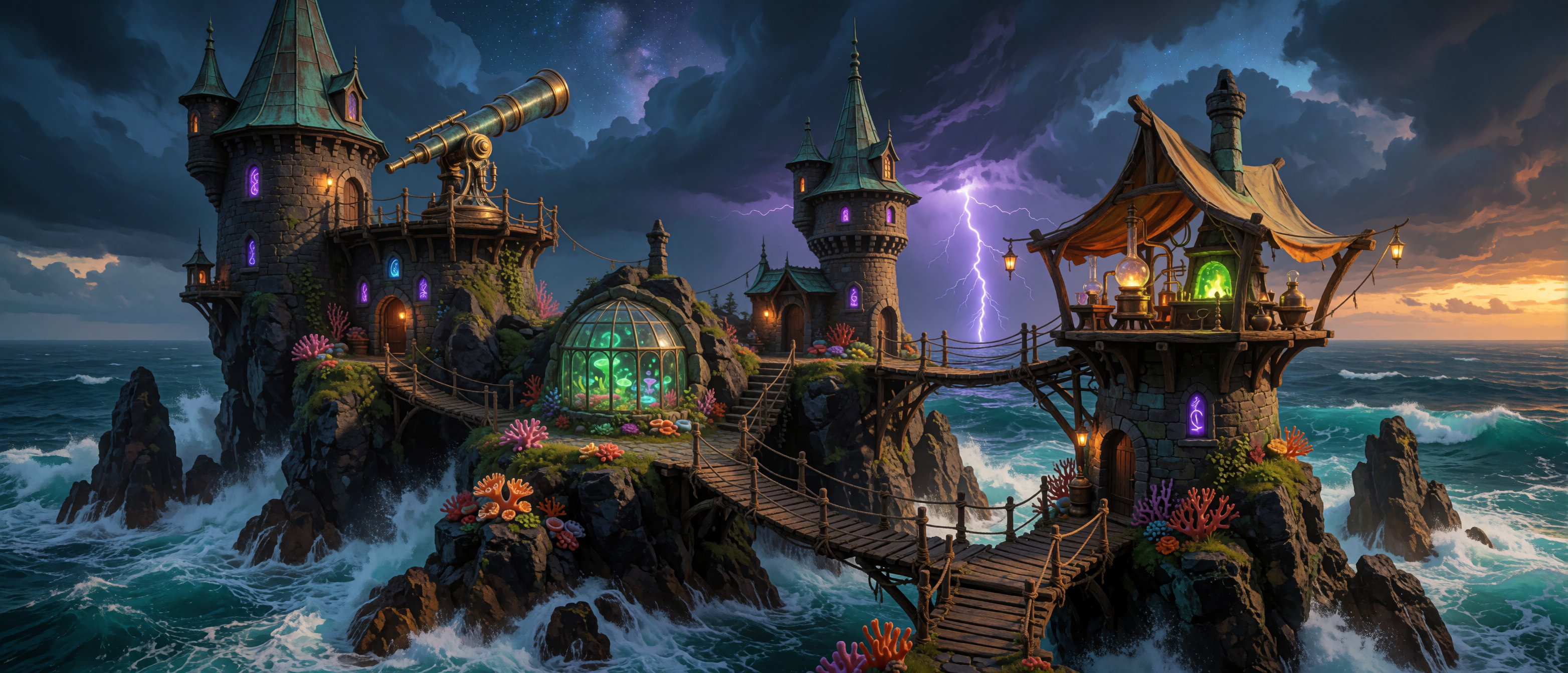 fantasy-wizard-coastal-castle-telescope-storm-lightning-glowing-greenhouse-ultrawide
