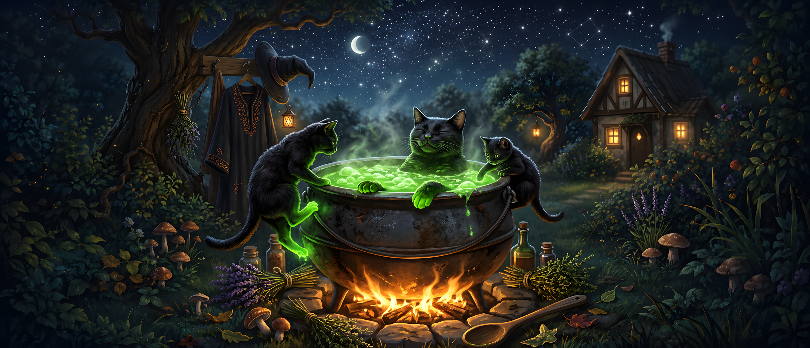 halloween-comedy-cauldron-hot-tub-cats-ultrawide