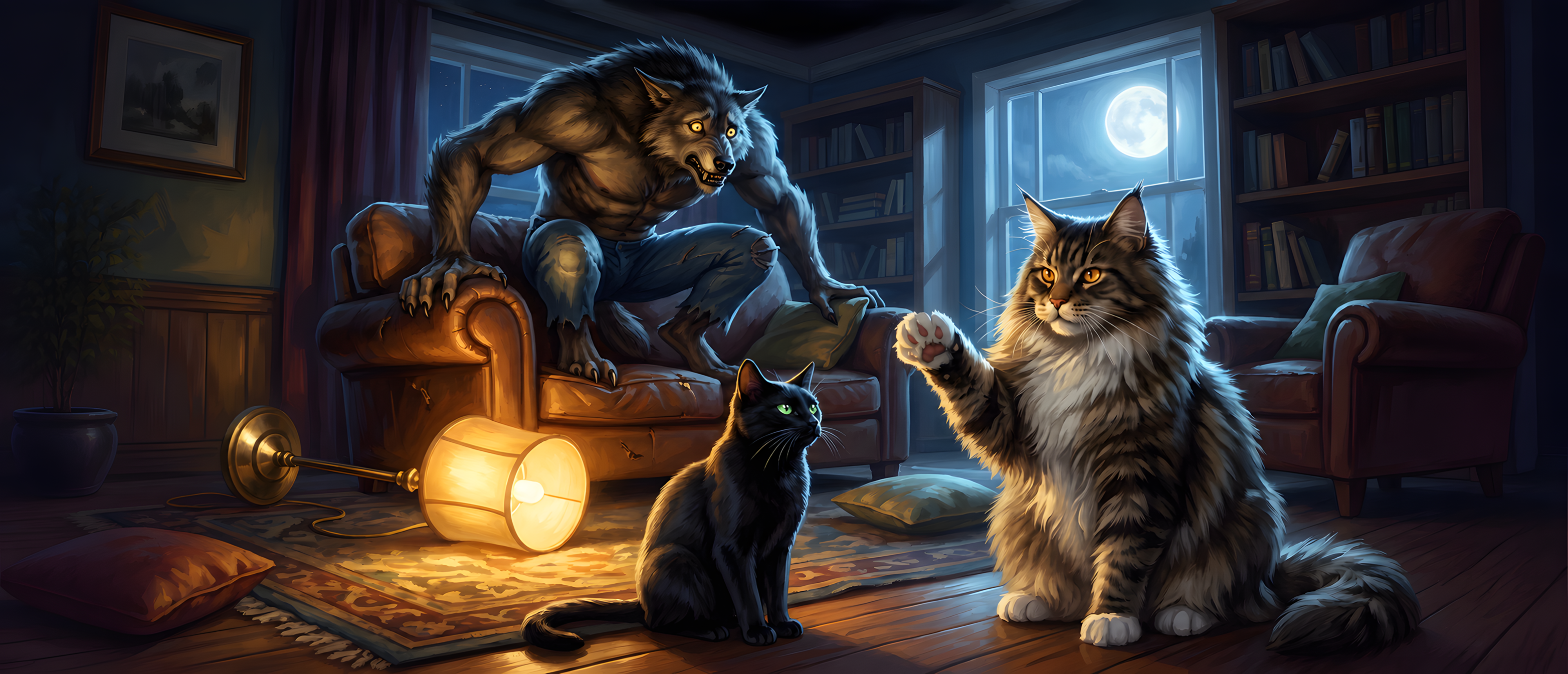 halloween-comedy-werewolf-afraid-cats-sofa-ultrawide