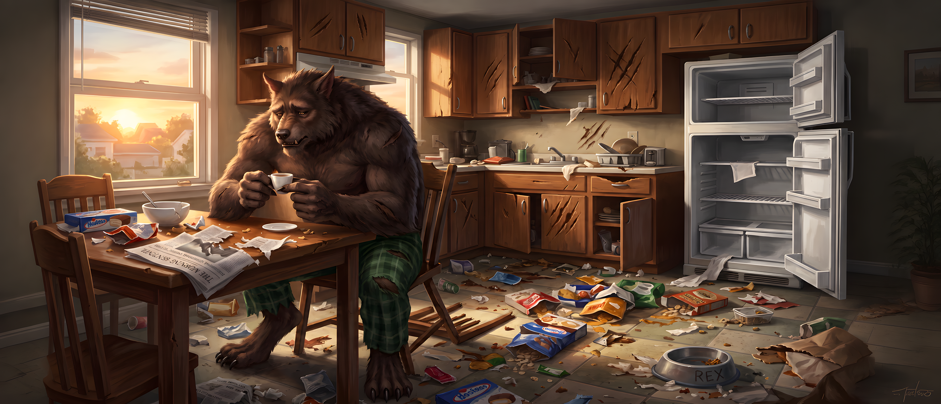 halloween-comedy-werewolf-morning-after-destroyed-kitchen-ultrawide