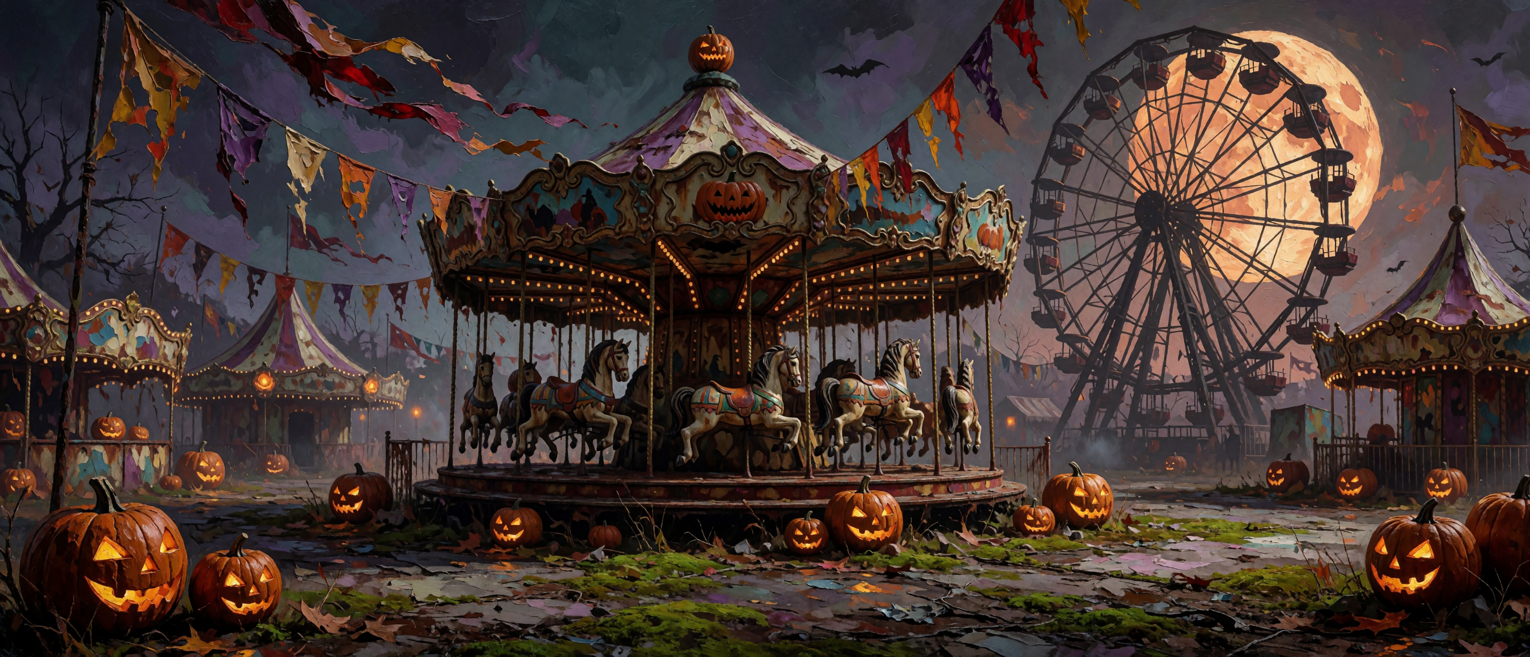 halloween-impasto-abandoned-fairground-carousel-harvest-moon-ultrawide