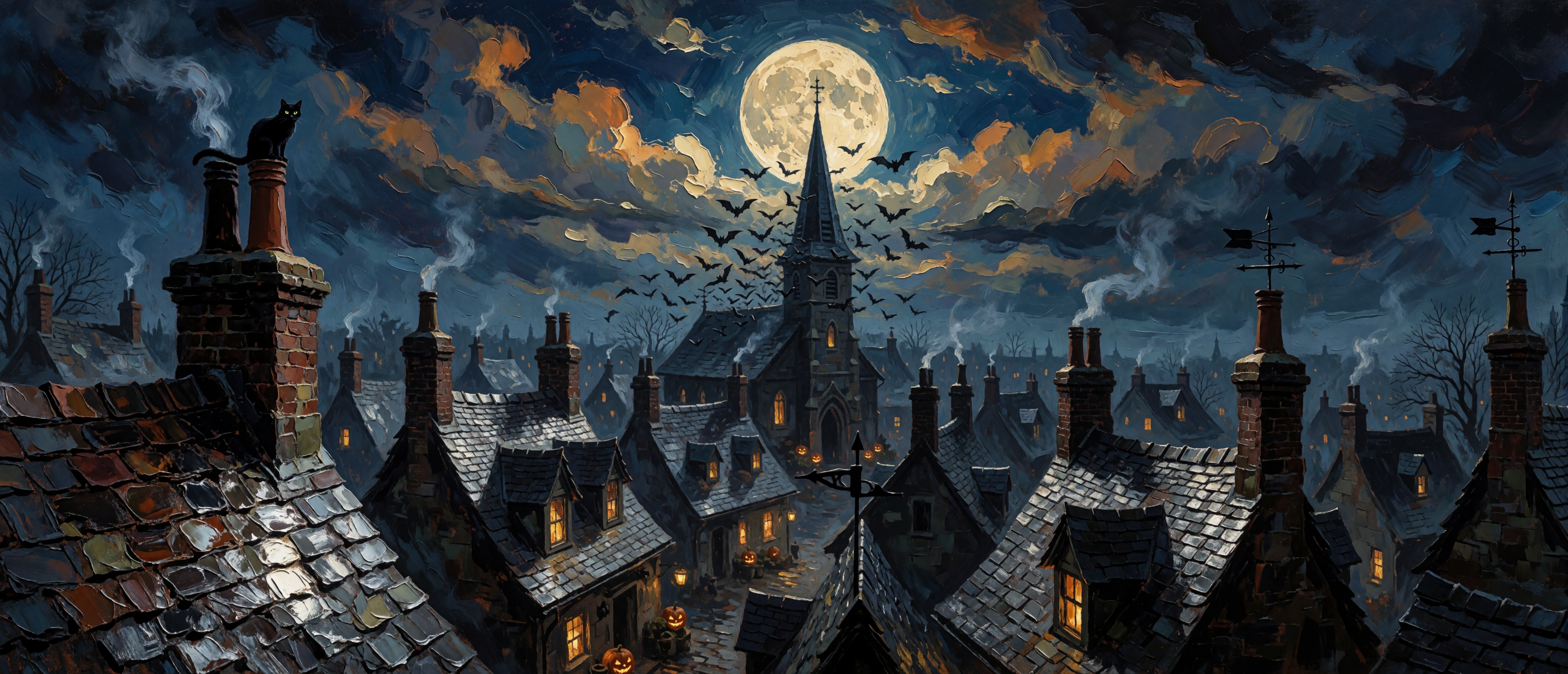 halloween-impasto-black-cat-rooftop-village-moon-ultrawide
