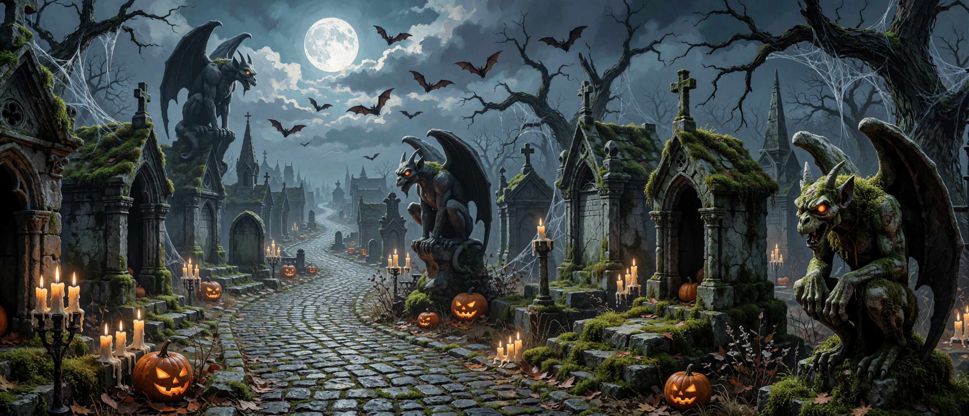 halloween-impasto-gargoyle-cemetery-crypts-moonlit-cobblestone-ultrawide