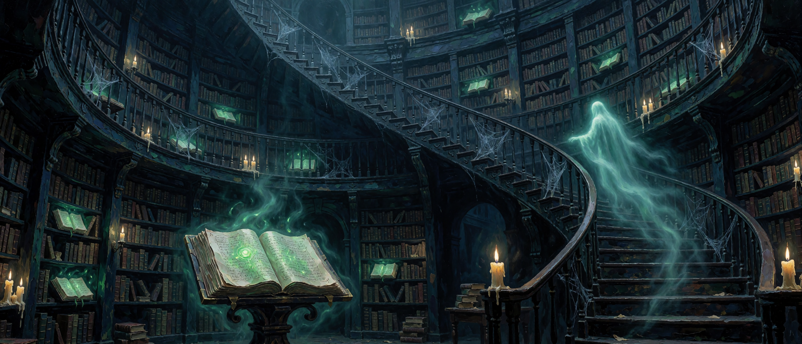 halloween-impasto-ghost-library-spiral-staircase-spellbook-glow-ultrawide