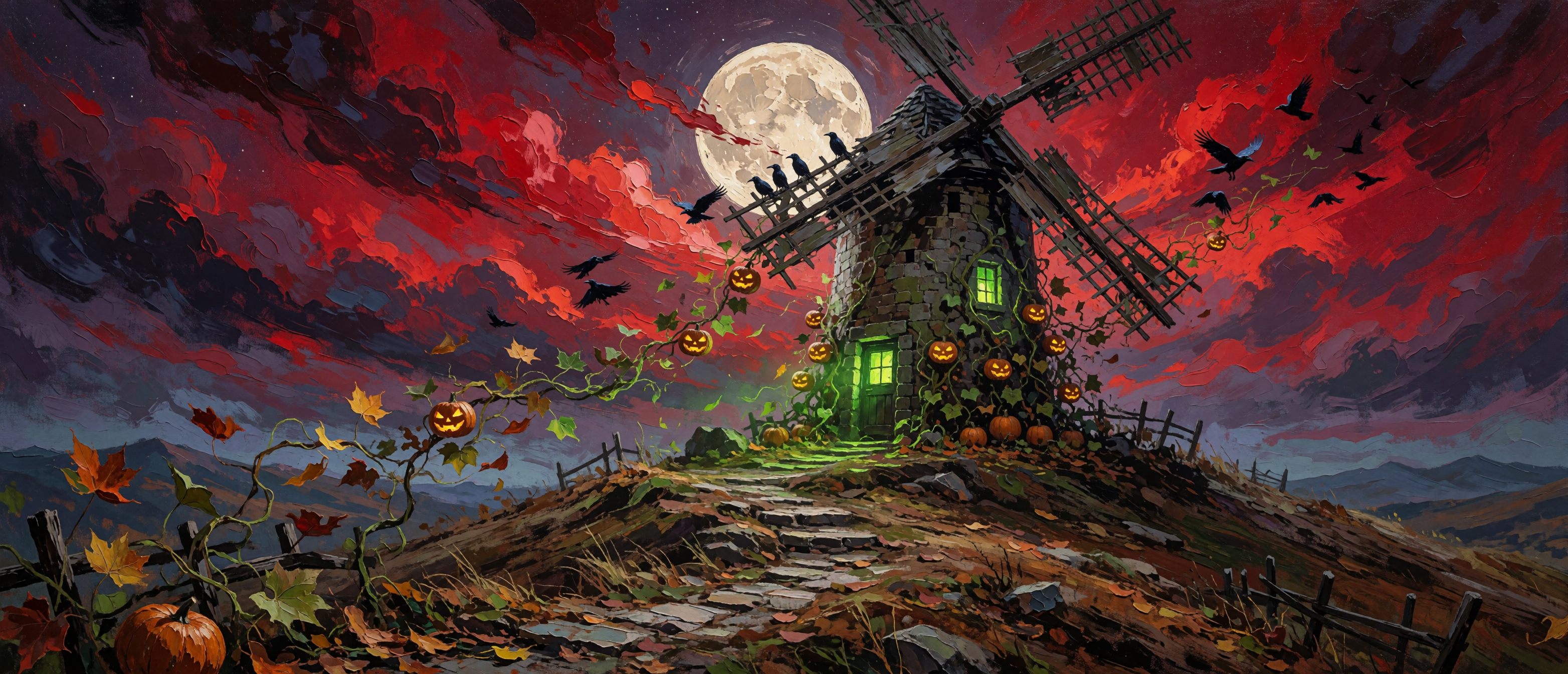 halloween-impasto-haunted-windmill-crimson-sky-ultrawide