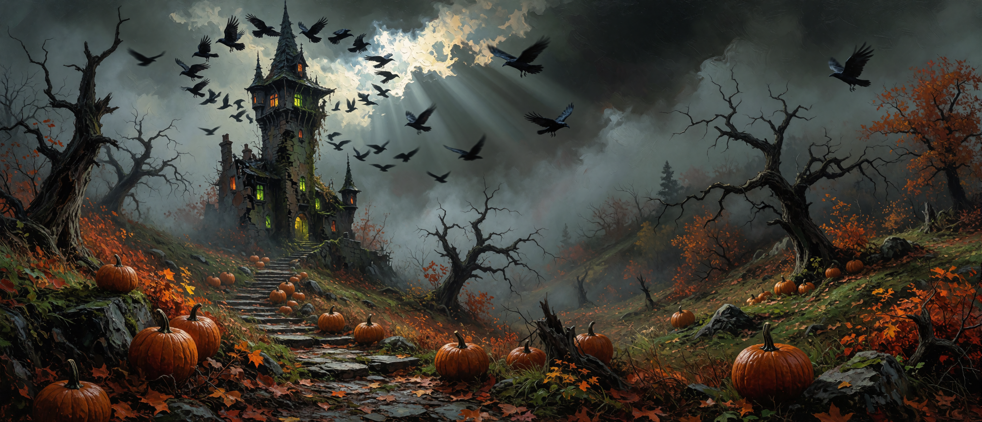 halloween-impasto-witch-tower-ravens-moonlight-crimson-ultrawide
