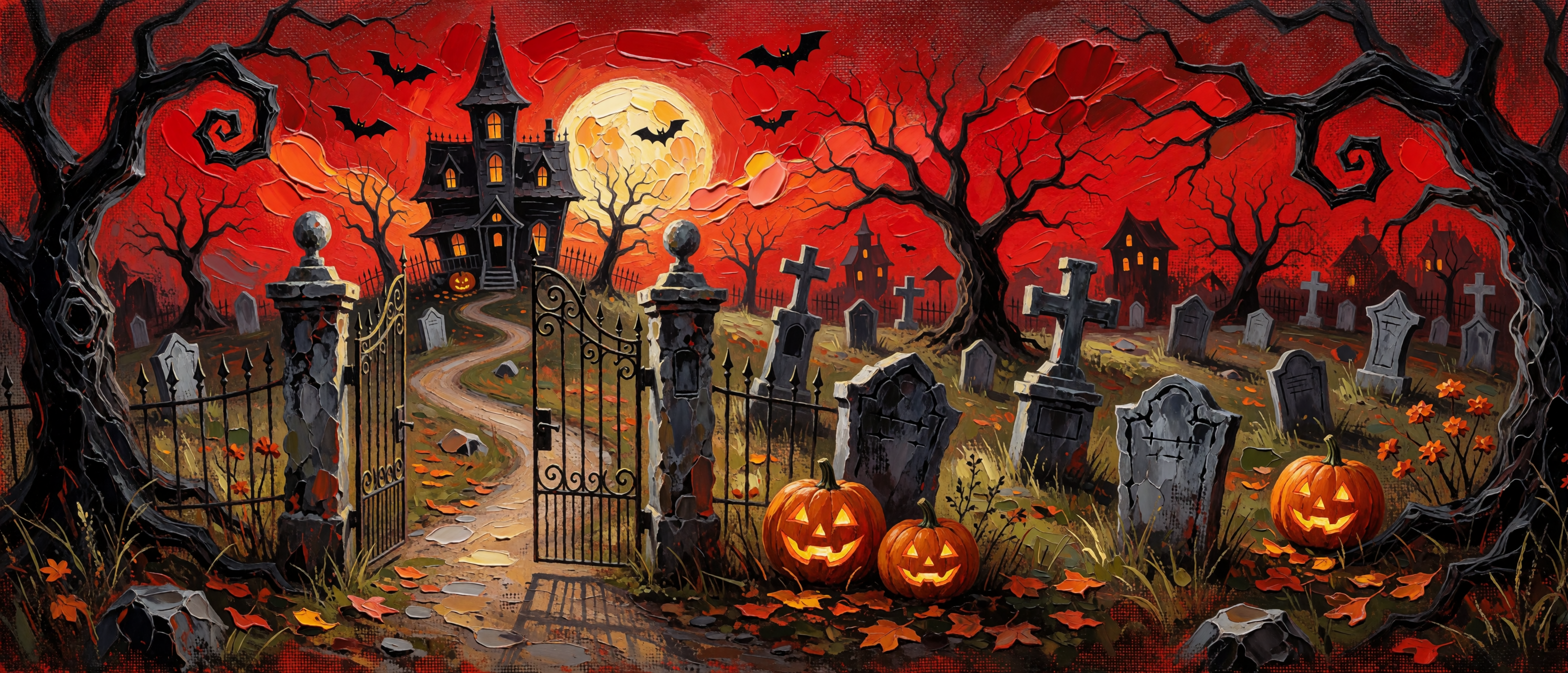 halloween-oil-cemetery-gate-haunted-manor-red-sky-pumpkins-ultrawide