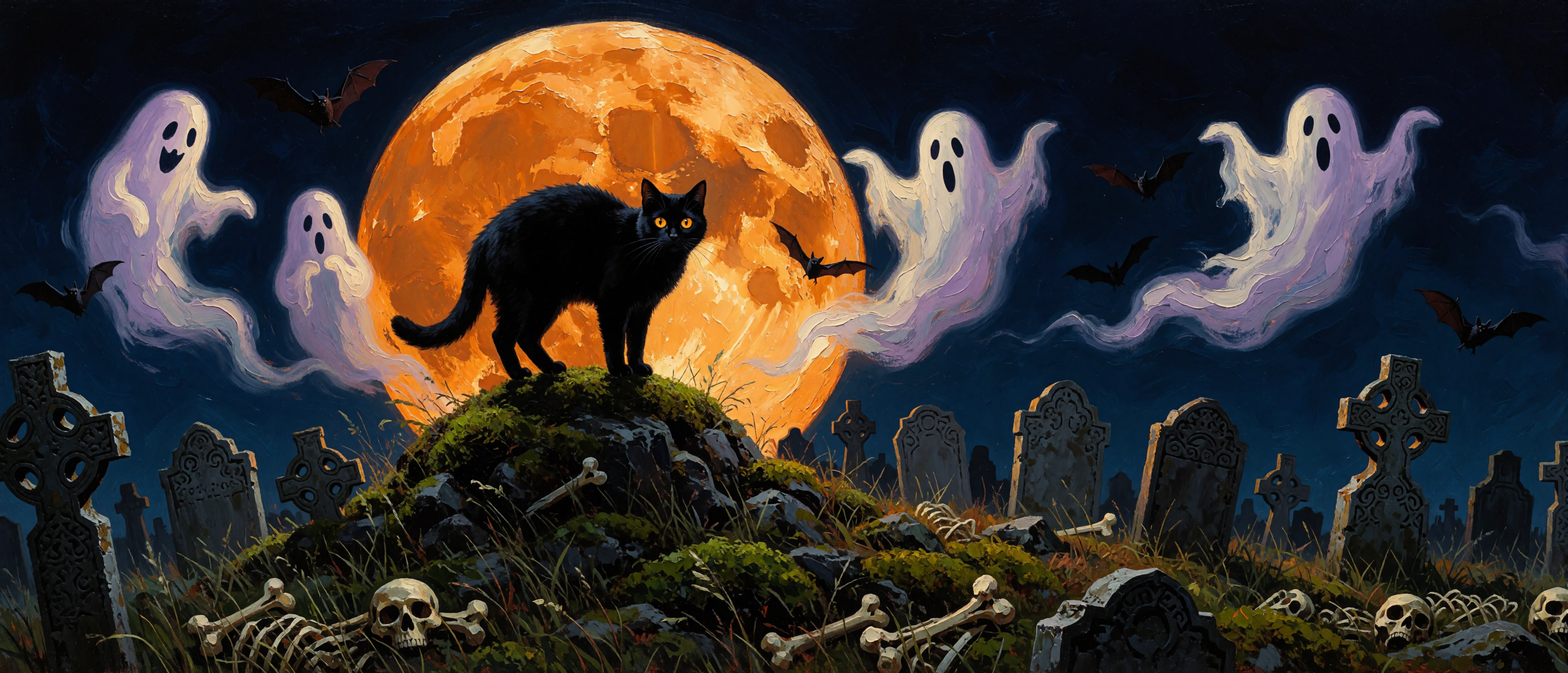 halloween-oil-guardian-cat-ghosts-cemetery-ultrawide